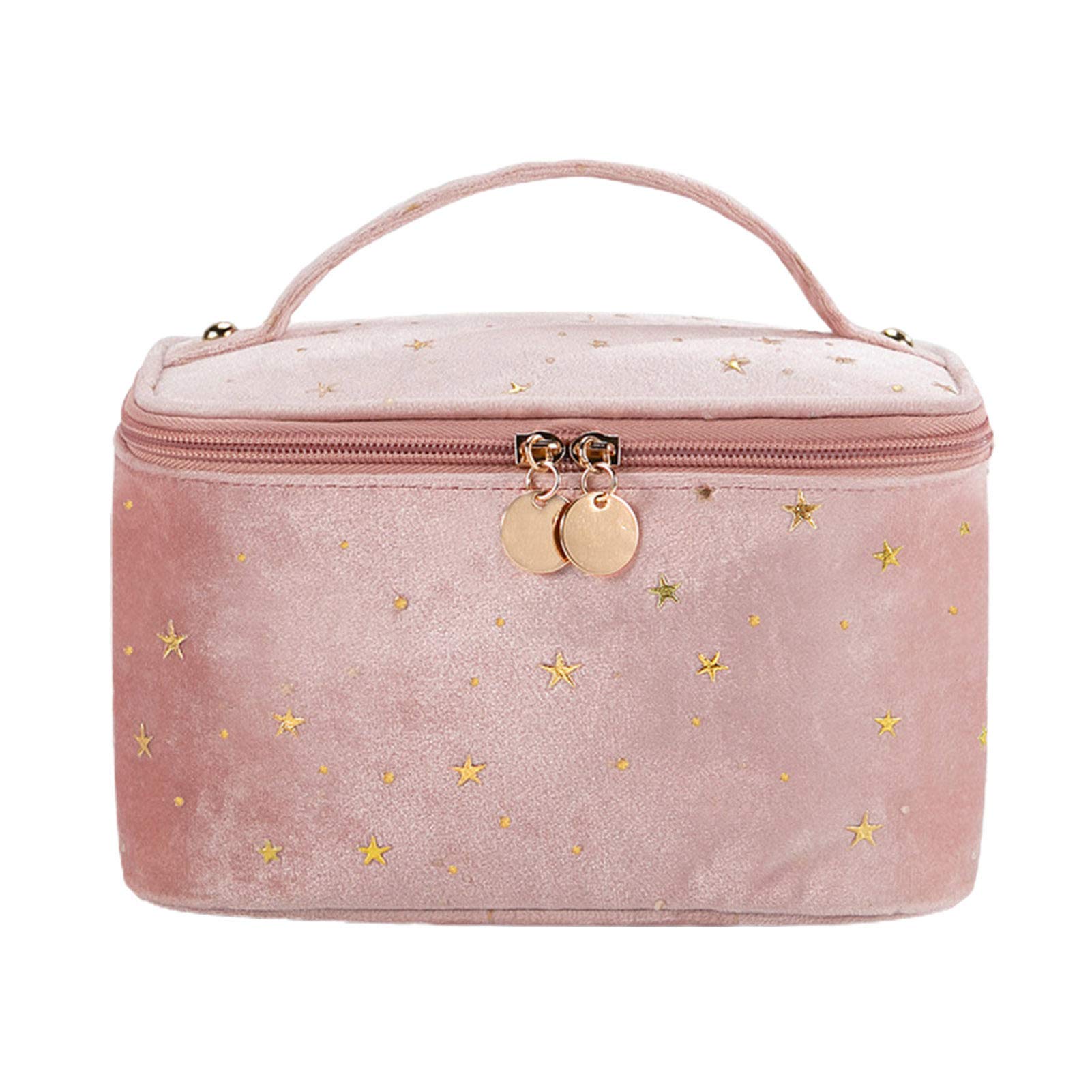 Retro Velvet Travel Toiletry Bag with Star Embroidery - Waterproof Cosmetic Storage Case & Makeup Organizer for Bottles, Toiletries, Bathroom Essentials - Perfect for Vacation, Business Trips & Gym (Pink)