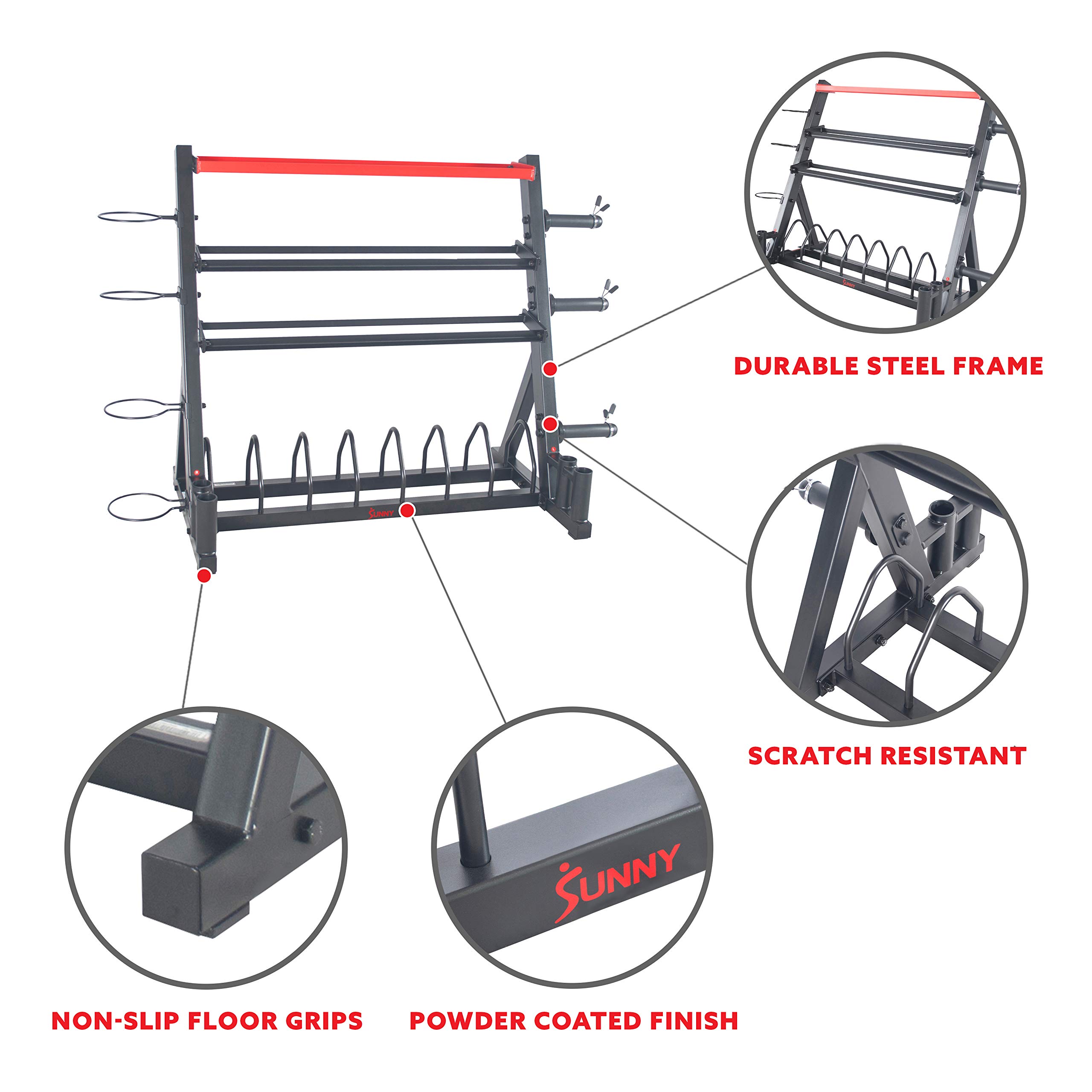 Sunny Health & Fitness Multi-Weight Storage Rack Stand - Organize Dumbbells, Kettlebells, Olympic Plates & Barbells - Perfect for Home Gym & Garage Workouts