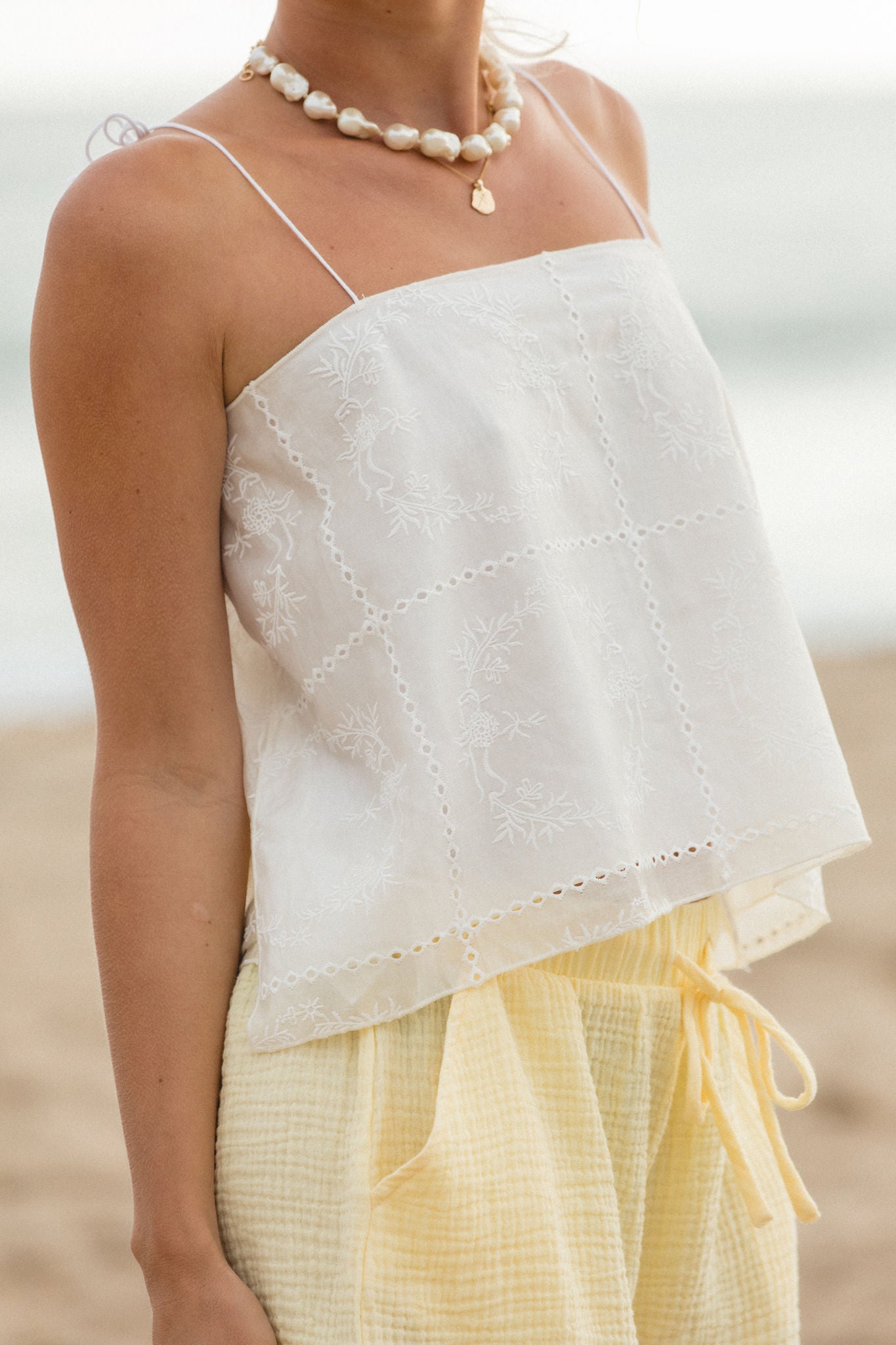 Ava Eyelet Cami Tank Top for Women - Floral Lace Trim Summer Sleeveless Blouse - Perfect for Beach, Vacation & Casual Outfits