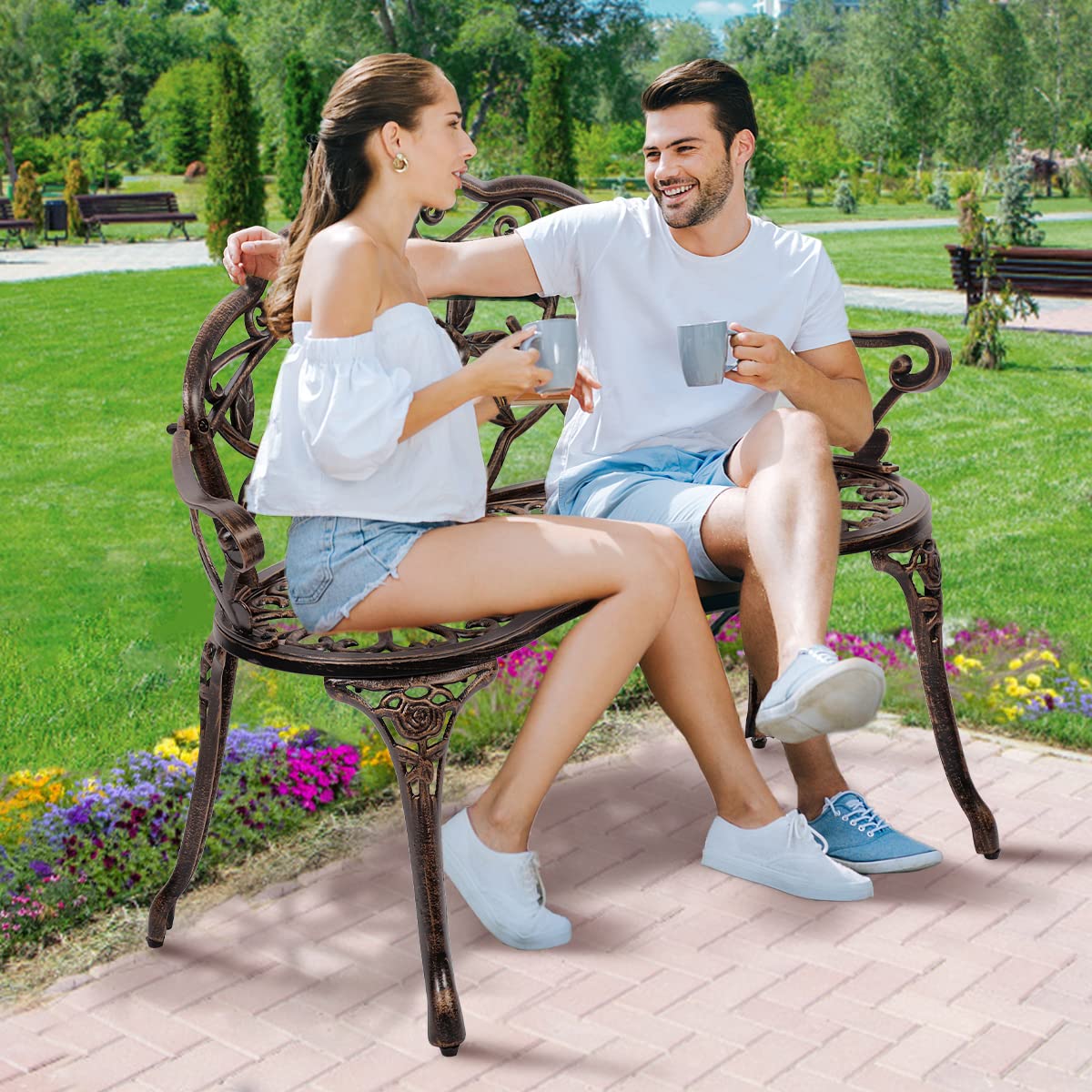 Antique Metal Outdoor Bench with Floral Pattern - Rust-Resistant Garden, Park & Patio Bench - 400 lbs Weight Capacity - Perfect for Relaxing in Gardens, Parks or Outdoor Spaces