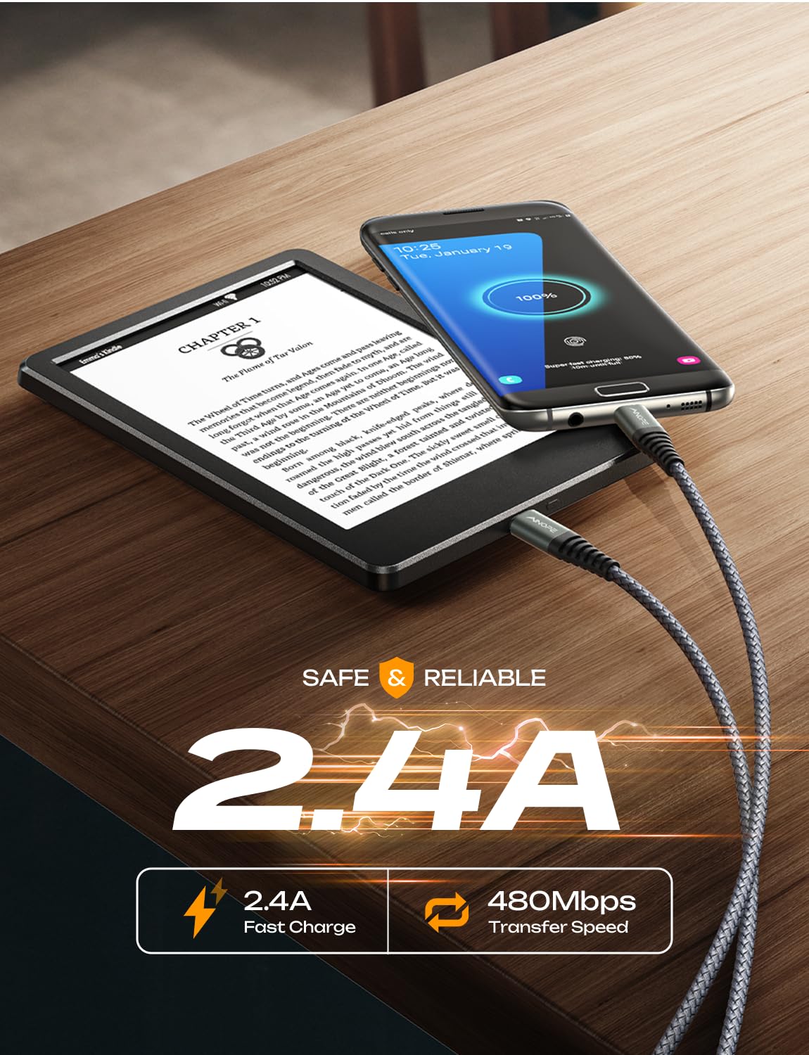 Premium AINOPE Micro USB Cable [2-Pack, 6.6FT] - Durable Nylon Braided Charging Cord for Kindle, Samsung Galaxy S6/S7/J7 Edge/Note 5 & Android Devices - Fast Charging & Data Sync - Perfect for Home, Office & Travel Use