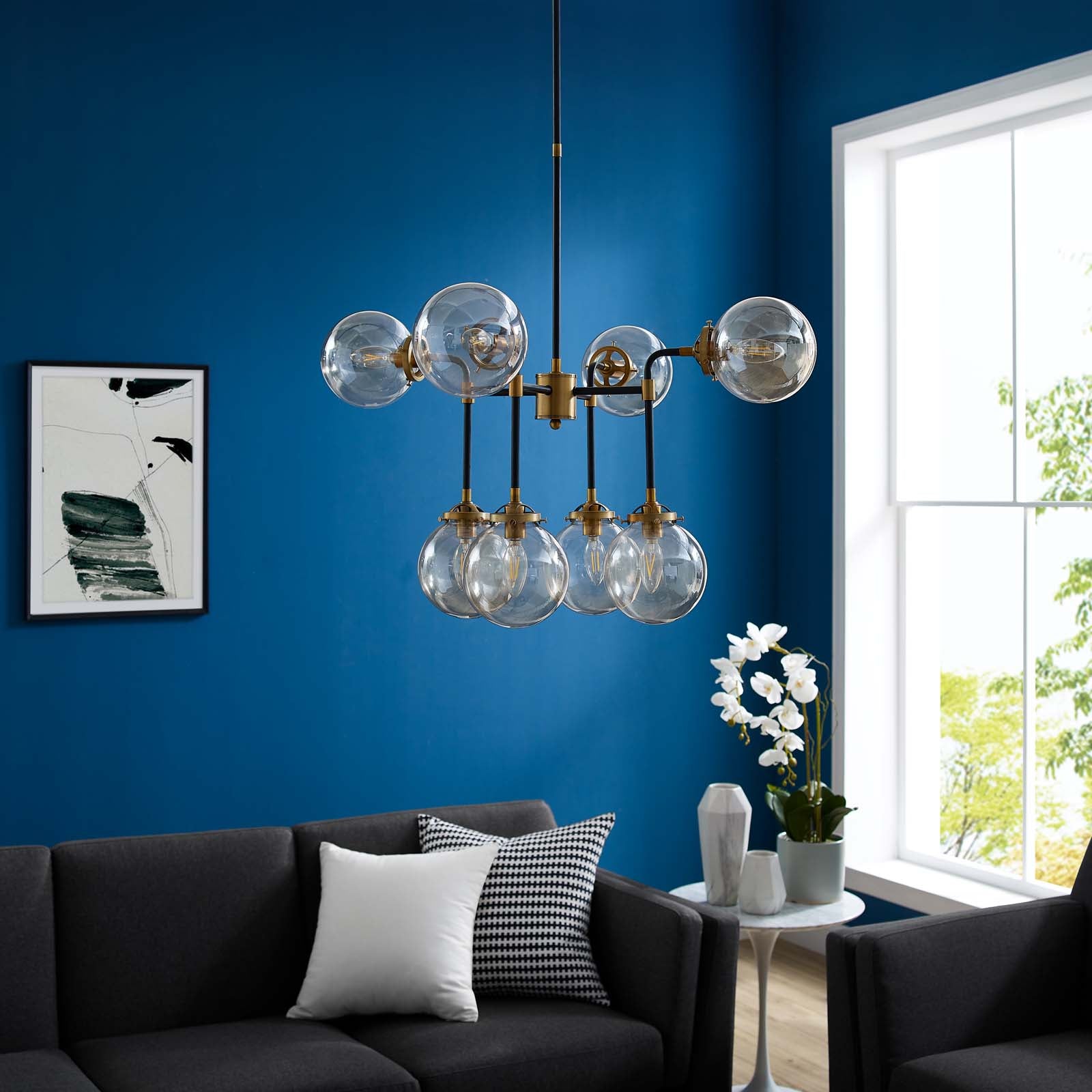 Ambition Amber Glass & Antique Brass 8-Light Pendant Chandelier - Vintage Industrial Lighting for Dining Room, Kitchen Island or Entryway
