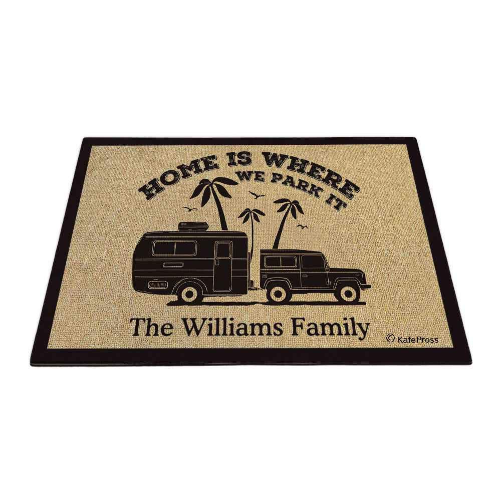 Custom Family Name Doormat - 'Home is Where We Park It' Personalized Welcome Mat - 23.6 x 15.7 Inch Outdoor/Indoor Door Mat for RV, Camper & Home Decor
