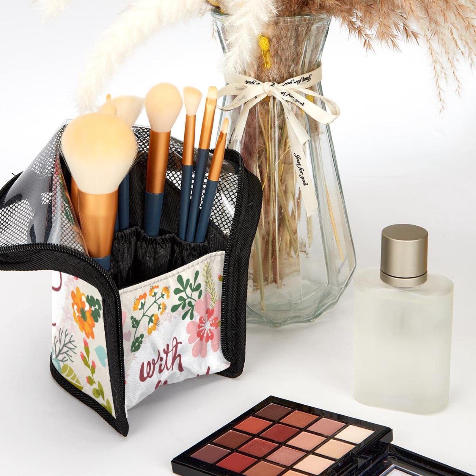 12-Piece Portable Makeup Brush Organizer Bag with Cartoon Blessing Flowers Design - Perfect for Travel, Home Storage & Professional Makeup Artist Kits