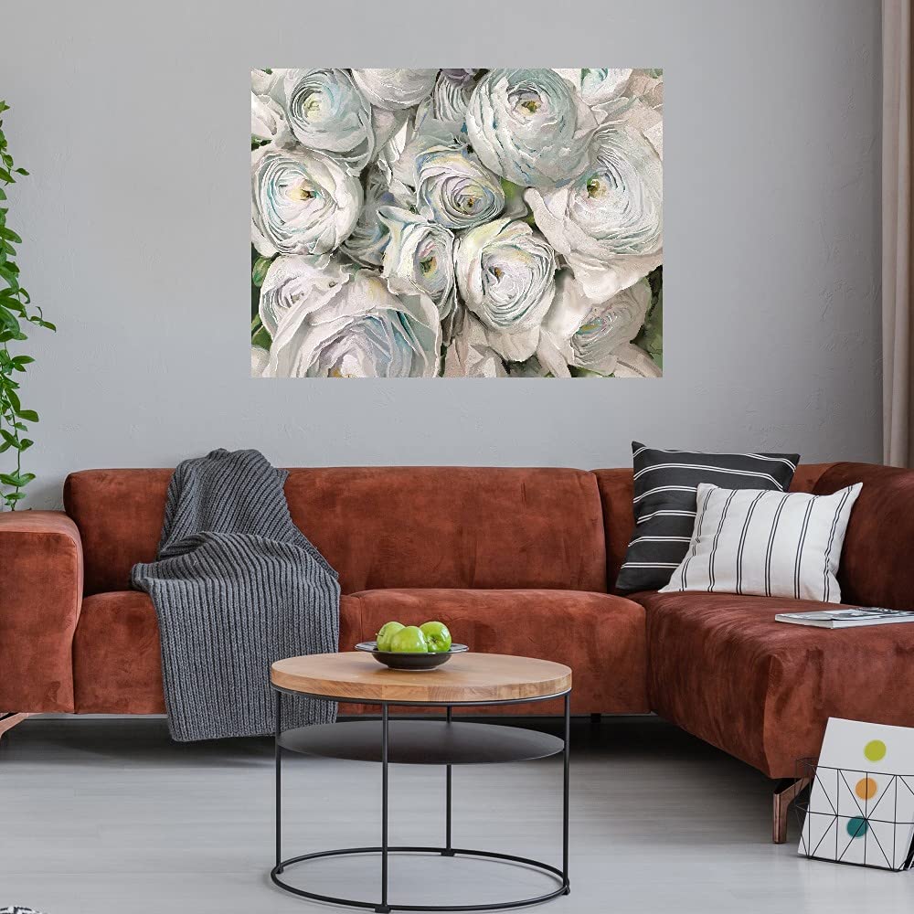 Premium White Ranunculus Floral Canvas Wall Art - Hand-Painted Fine Art Print for Home & Office Decor - Ready to Hang 32x24 Inches - Perfect for Living Room, Bedroom, Bathroom, Kitchen, Office, Bar & Dining Room Decor