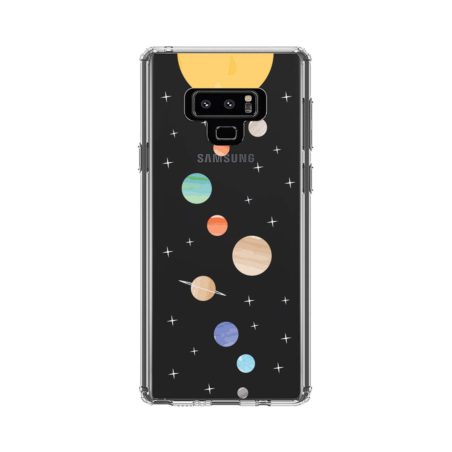 DistinctInk Clear Shockproof Hybrid Case for Samsung Galaxy Note 9 - TPU Bumper with Acrylic Back & Tempered Glass Screen Protector - Solar System Planets Design - Perfect for Work, Travel & Everyday Protection
