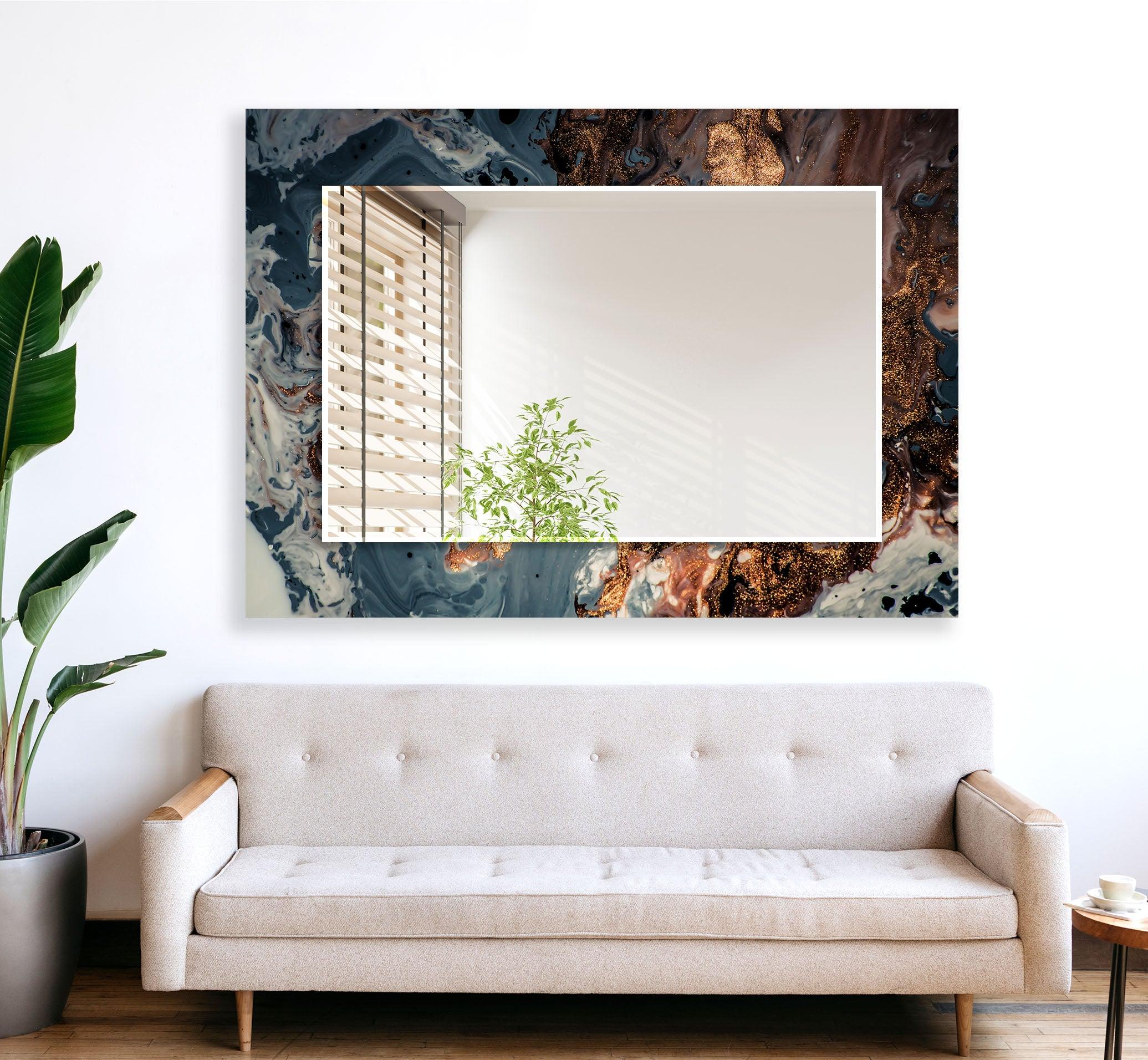 Blue Abstract Wall Mirror with Bronze Details - Modern Decorative Mirror for Living Room, Bedroom, or Entryway