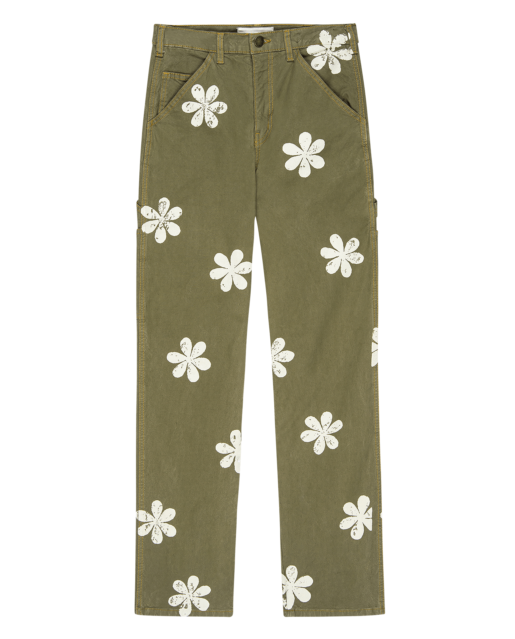 Men's Carpenter Work Pants with Daisy Stamp - Durable Army Green Utility Pants for Construction, Woodworking & Outdoor Workwear