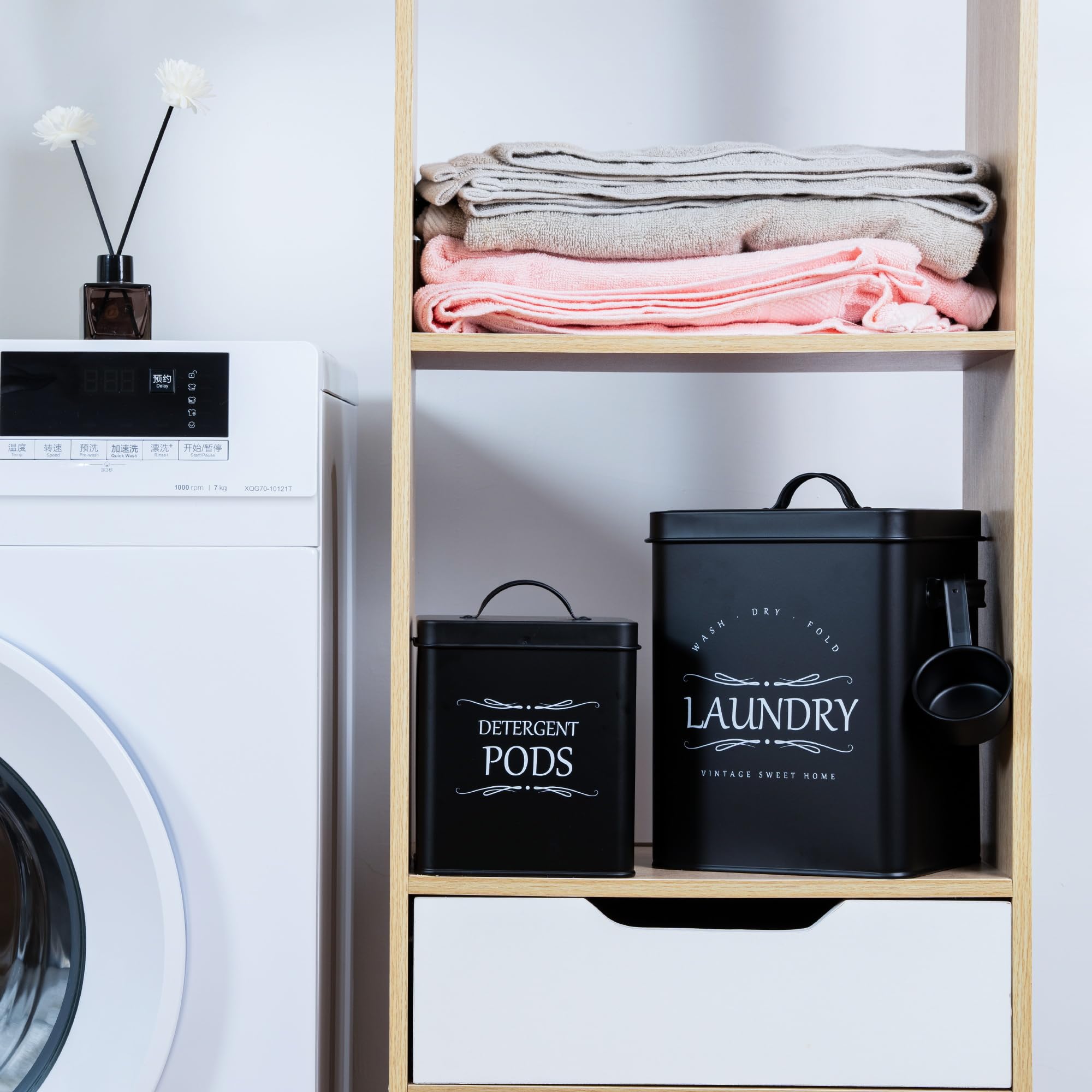Meraki Home Laundry Detergent Container Set - 2-Pack with Scoop for Detergent Sheets & Pods - Laundry Room Storage Organizer in Matte Black | Perfect for Organized Laundry Rooms & Small Spaces