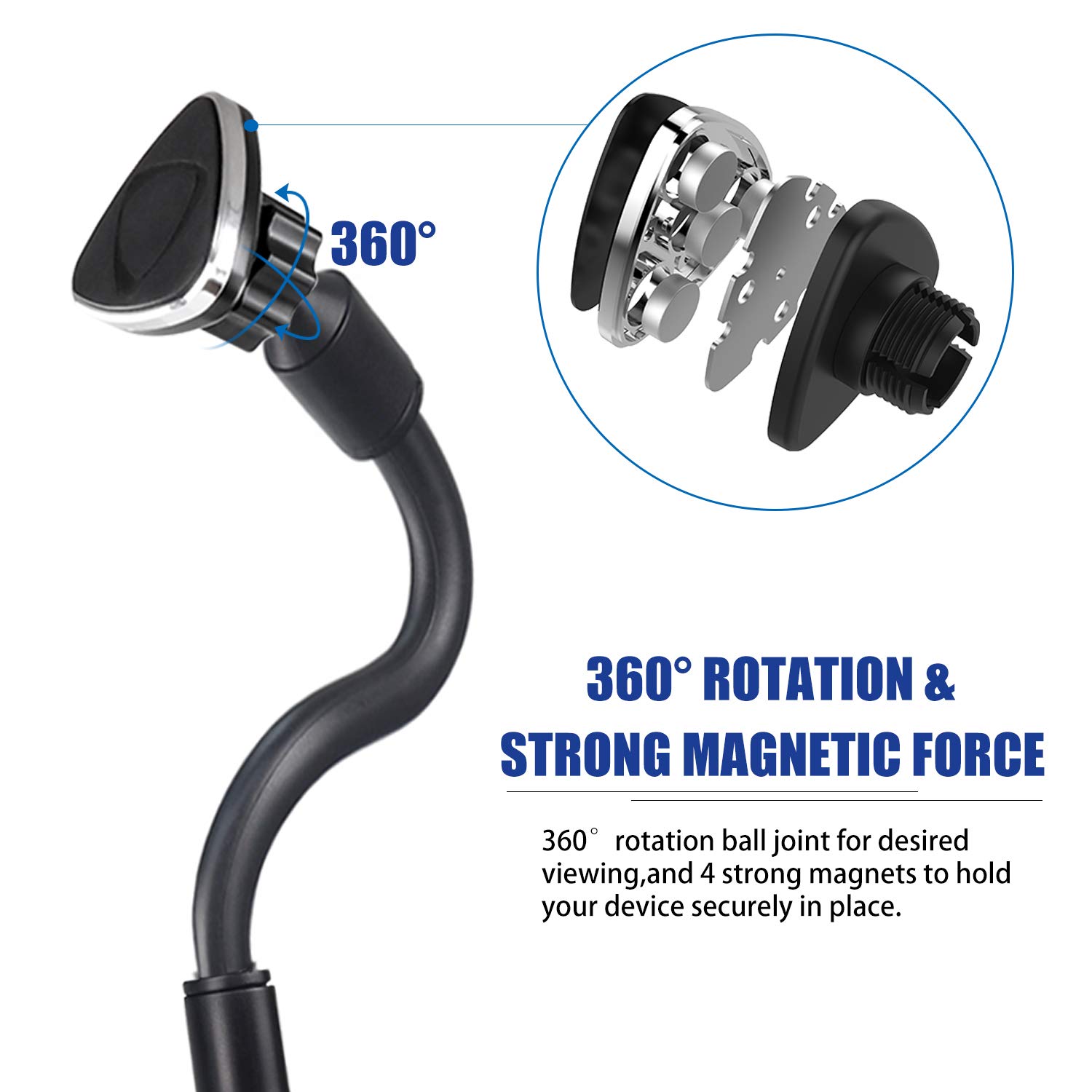 Dual Magnetic Car Phone Mount - Adjustable Gooseneck Phone Holder for Truck, Windshield & Dashboard with 3M Adhesive & Stabilizer - Compatible with iPhone, Samsung Galaxy & All Smartphones - Perfect for GPS Navigation, Hands-Free Calling & Road Trips