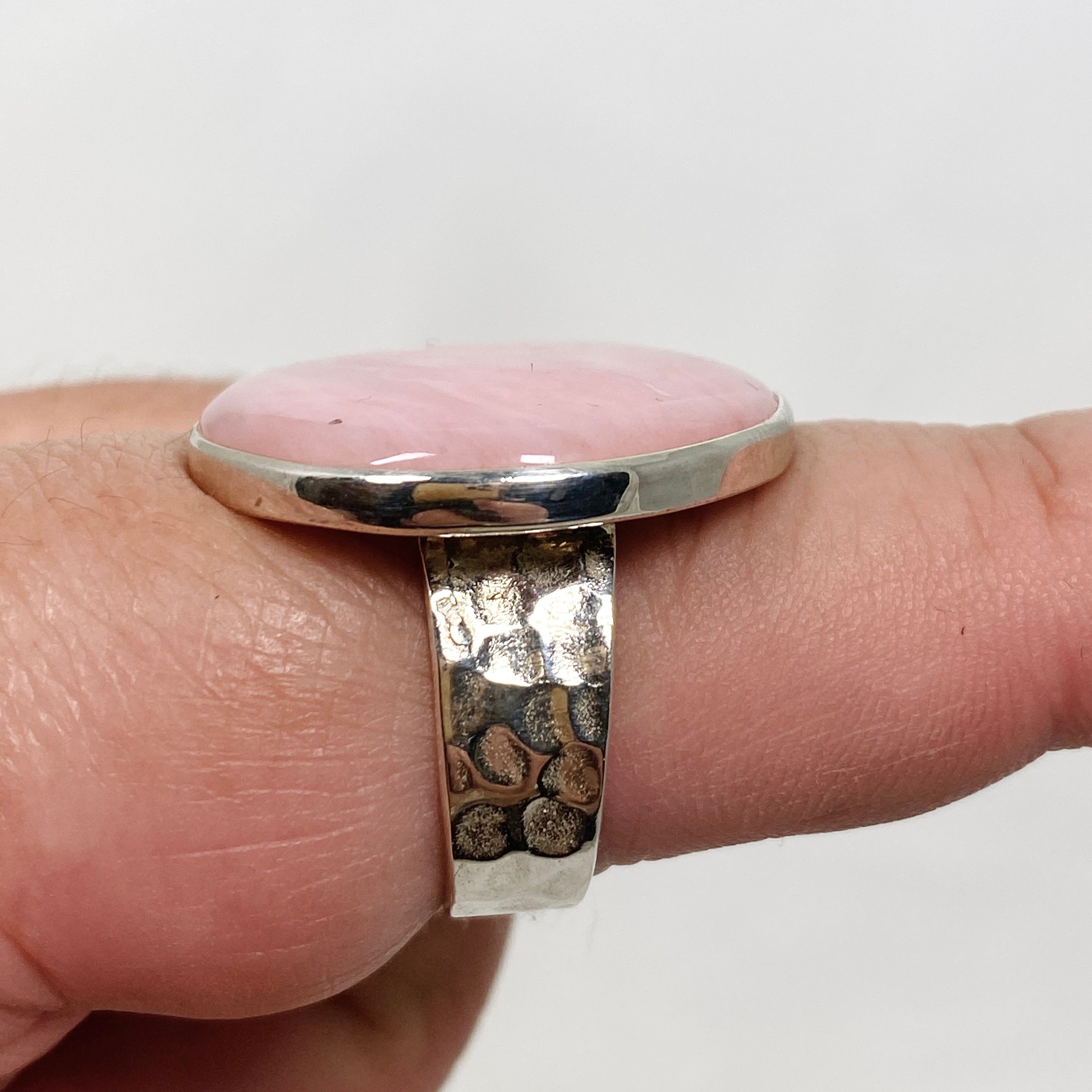 Pink Opal Round Cabochon Ring - Hammered Sterling Silver Size 9.5 (KRGJ3305) | Elegant Boho Jewelry for Women, Perfect for Everyday Wear & Special Occasions