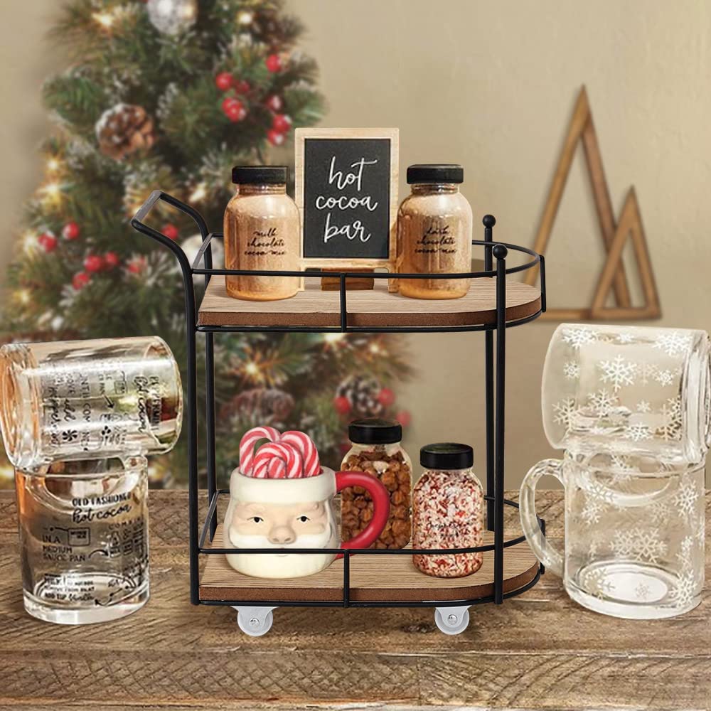 Two-Tier Matte Black Metal Wire and Wood Coffee Bar Cart - Mini Rolling Utility Cart with Tiered Tray - Coffee Bar Organizer, Kitchen Shelf, Farmhouse Decor - Perfect for Small Spaces, Home Office, and Entertaining Guests