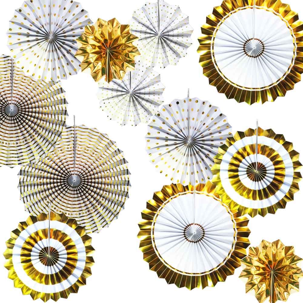 Golden Paper Fan Flowers for Wedding, Birthday, Carnival & Welcome Party Decorations - Set of 12 | Elegant Fiesta Decor for Home, Events & Photo Backdrops