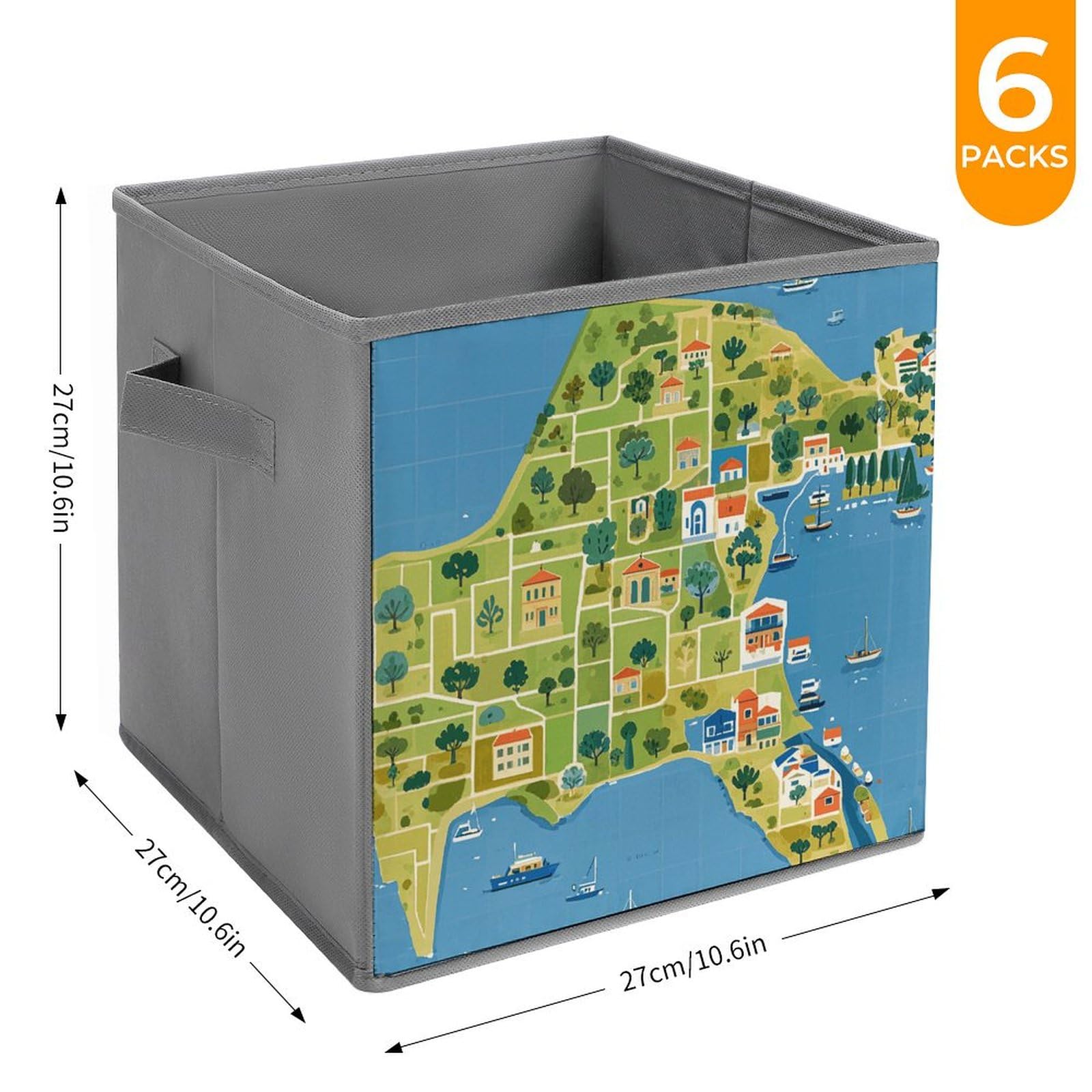 6-Piece Collapsible Storage Bins with Handles - Greece Map Printed Foldable Storage Boxes for Home Organization, Shelves, Closet & Office (Multi-Functional Storage Baskets) - Perfect for Organizing Toys, Books, Clothes & Household Items