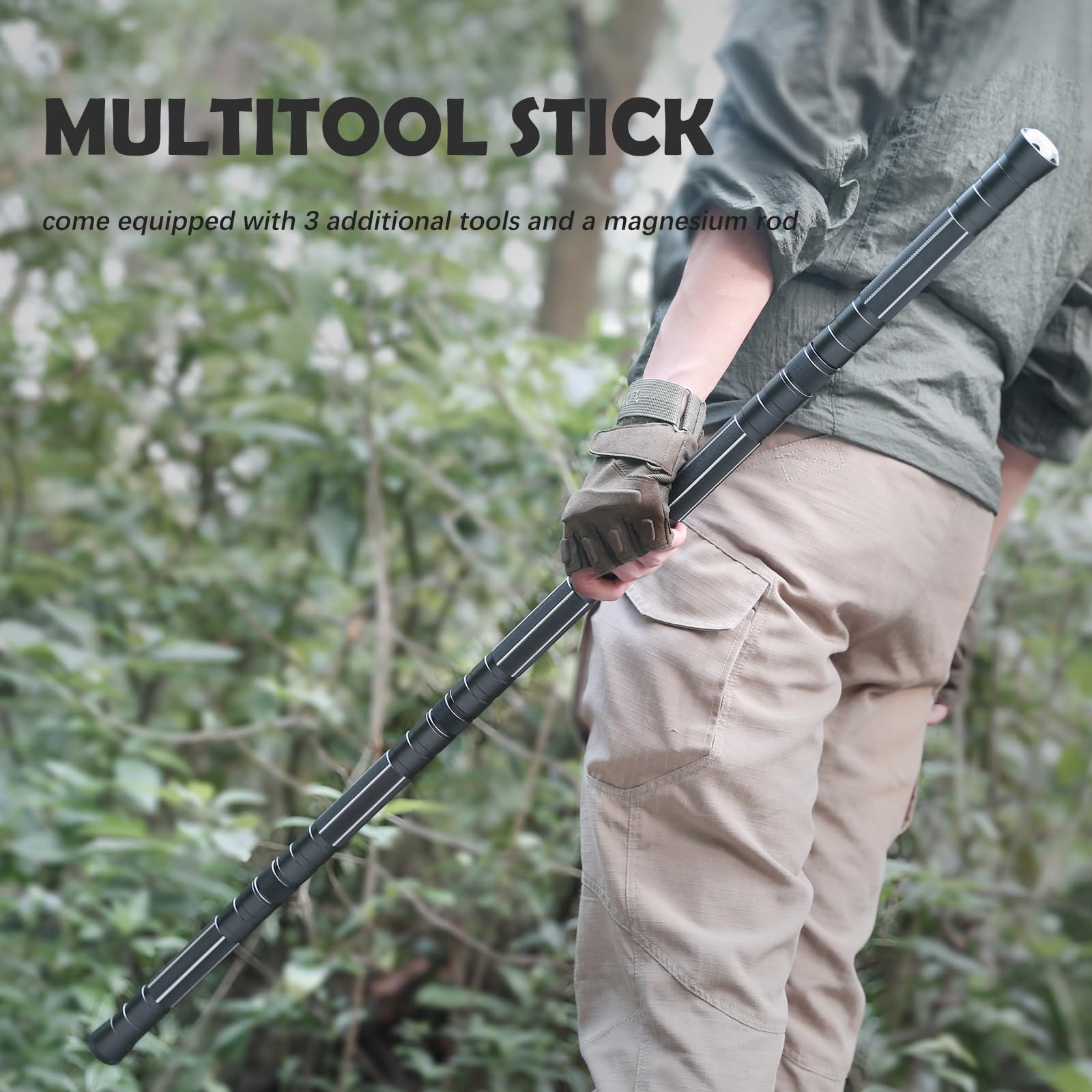 Tactical Hiking Stick - Adjustable Trekking Pole with Multitool for Men & Women | Portable Walking Staff for Outdoor Camping, Hiking & Backpacking | Durable & Lightweight (Gray)