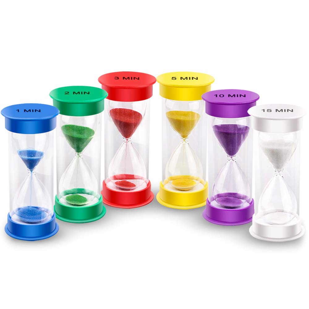 EMDMAK Acrylic Colorful Sand Timer - 1/2/3/5/10/15 Minute Hourglass for Games, Classroom, Home & Office (Pack of 6) - Perfect for Time Management, Board Games, Cooking, and Meditation