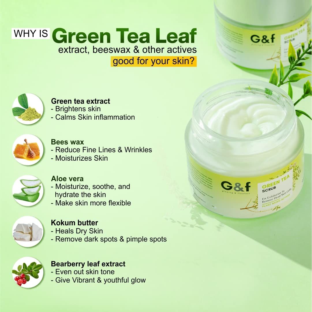 G&F Vitamin C Green Tea Face Scrub with Beeswax & Aloe Vera - Natural Exfoliator for Women & Men - Removes Dirt, Blackheads & Dead Skin Cells - Suitable for Oily, Normal, Dry, Combination & Sensitive Skin (100g) | Daily Skincare Routine, Spa Treatment, Acne Prevention & Glowing Complexion