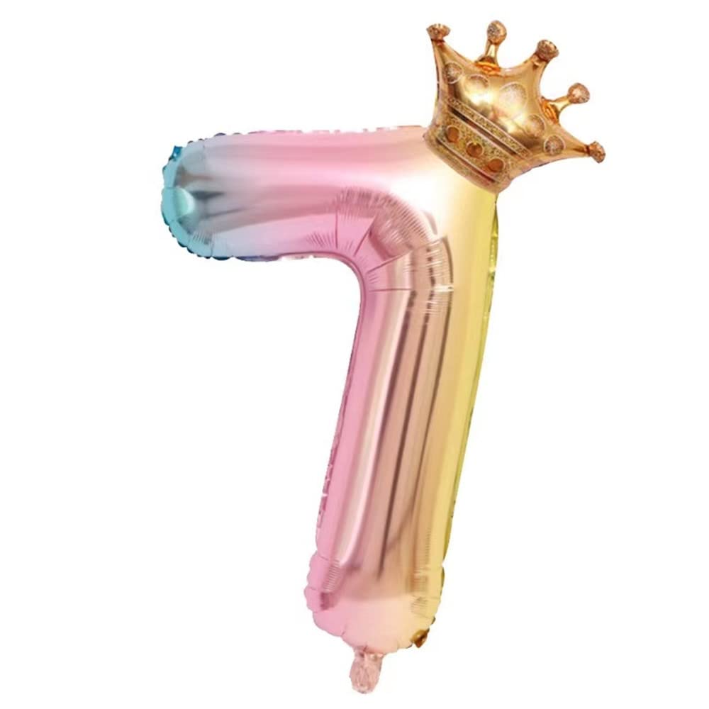32 Inch Rainbow Gradient Number 7 Crown Balloons Set - 7th Birthday Party Decorations for Boys & Girls - Kids Birthday Party Supplies for Indoor & Outdoor Celebrations