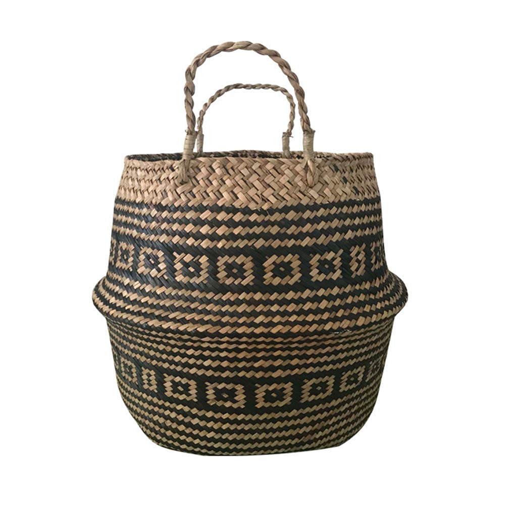 Seagrass Woven Storage Baskets with Handles - 12x11 Inch Laundry Hamper for Bedroom, Closet Organizer, Dirty Clothes Bin & Decorative Plant Pot - Perfect for Home, Office & Nursery Organization (Black)