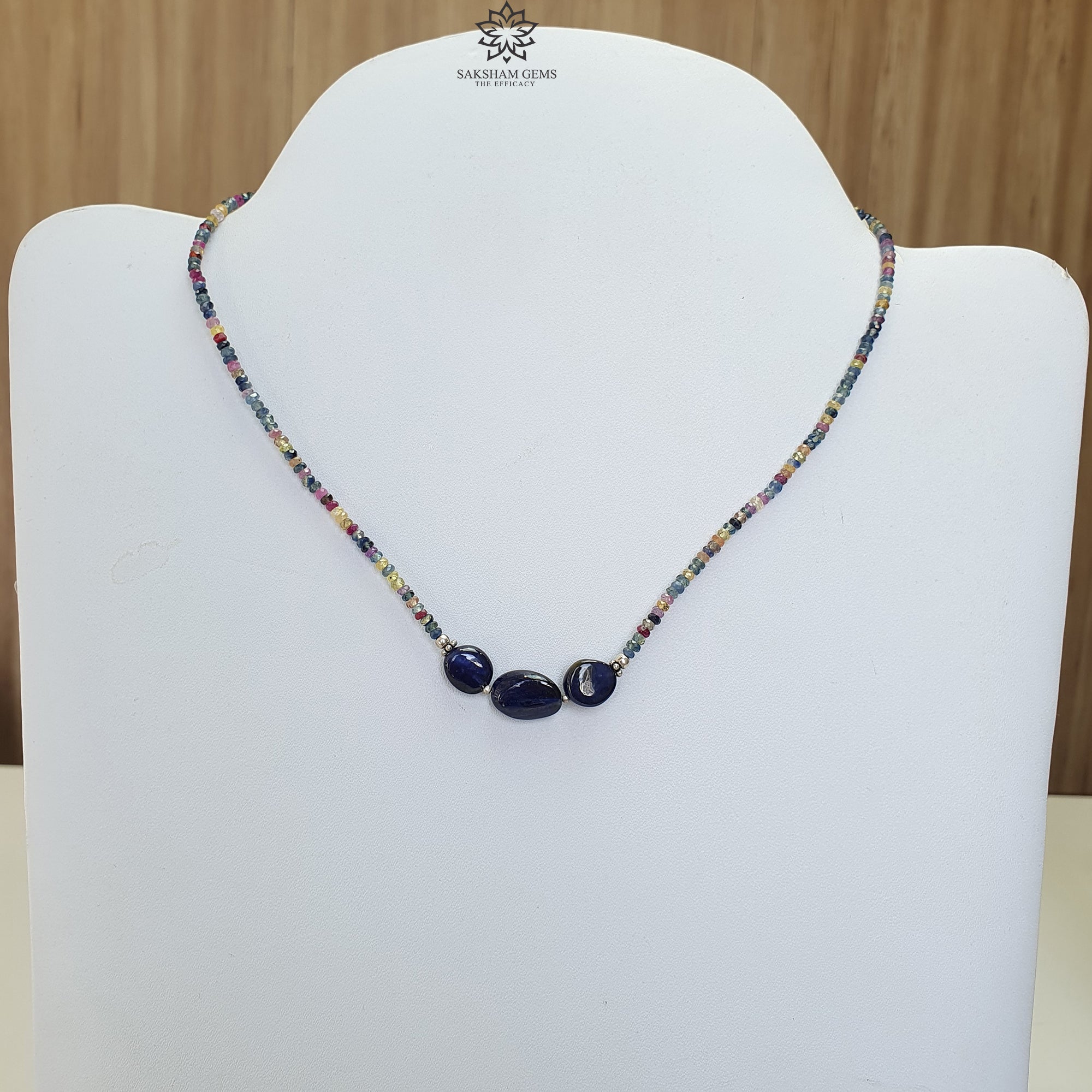 Natural Blue & Multi Sapphire Beads Necklace - 10.34gms Untreated Sapphire Gemstone Jewelry, 925 Sterling Silver Faceted Beaded Necklace for Women, 16 Inch, Perfect for Weddings, Parties & Gift Giving