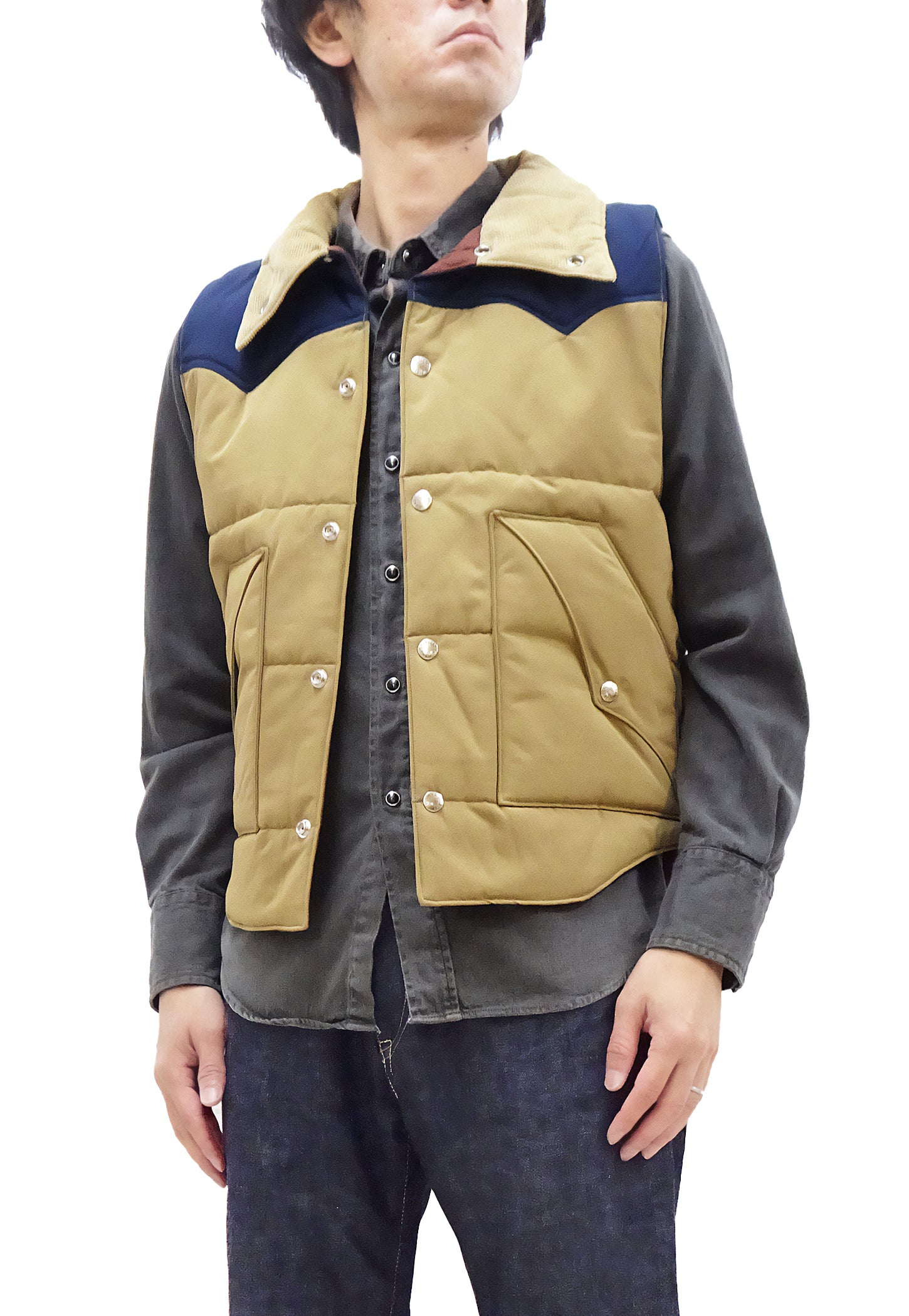 Men's Sugar Cane Puffer Vest - Contrast Yoke Panel Padded Jacket SC15400 in Beige/Navy Blue - Warm Winter Outdoor Wear for Hiking & Casual Style