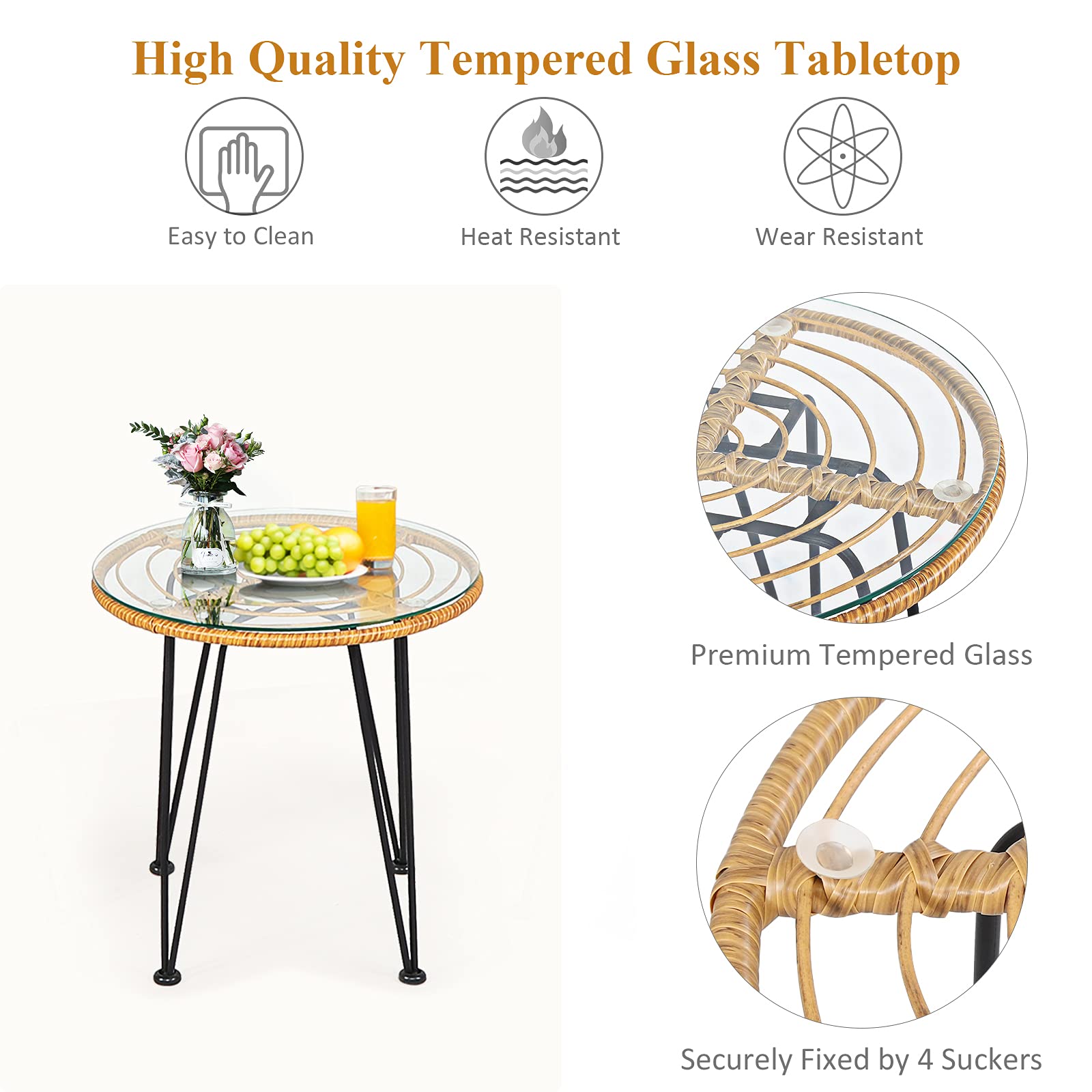 Tangkula 3-Piece Patio Bistro Set - Rattan Wicker Conversation Set with 2 Cushioned Armchairs & Round Glass Coffee Table - Indoor Outdoor Furniture for Balcony, Backyard, Garden, Poolside - Perfect for Relaxing, Entertaining, and Outdoor Dining