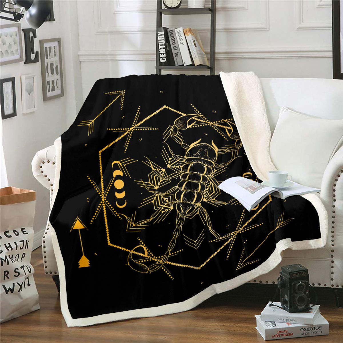 Erosebridal Scorpion Fleece Blanket - Tribal Art Style Throw Blanket for Adults & Teens, Hexagonal Geometric Bed Blanket, Boho Chic Plush Blanket, Ethnic Tribal Sofa Decor (50x60 Inches, Golden Black) - Perfect for Cozy Nights, Boho Home Decor & Gift Giving