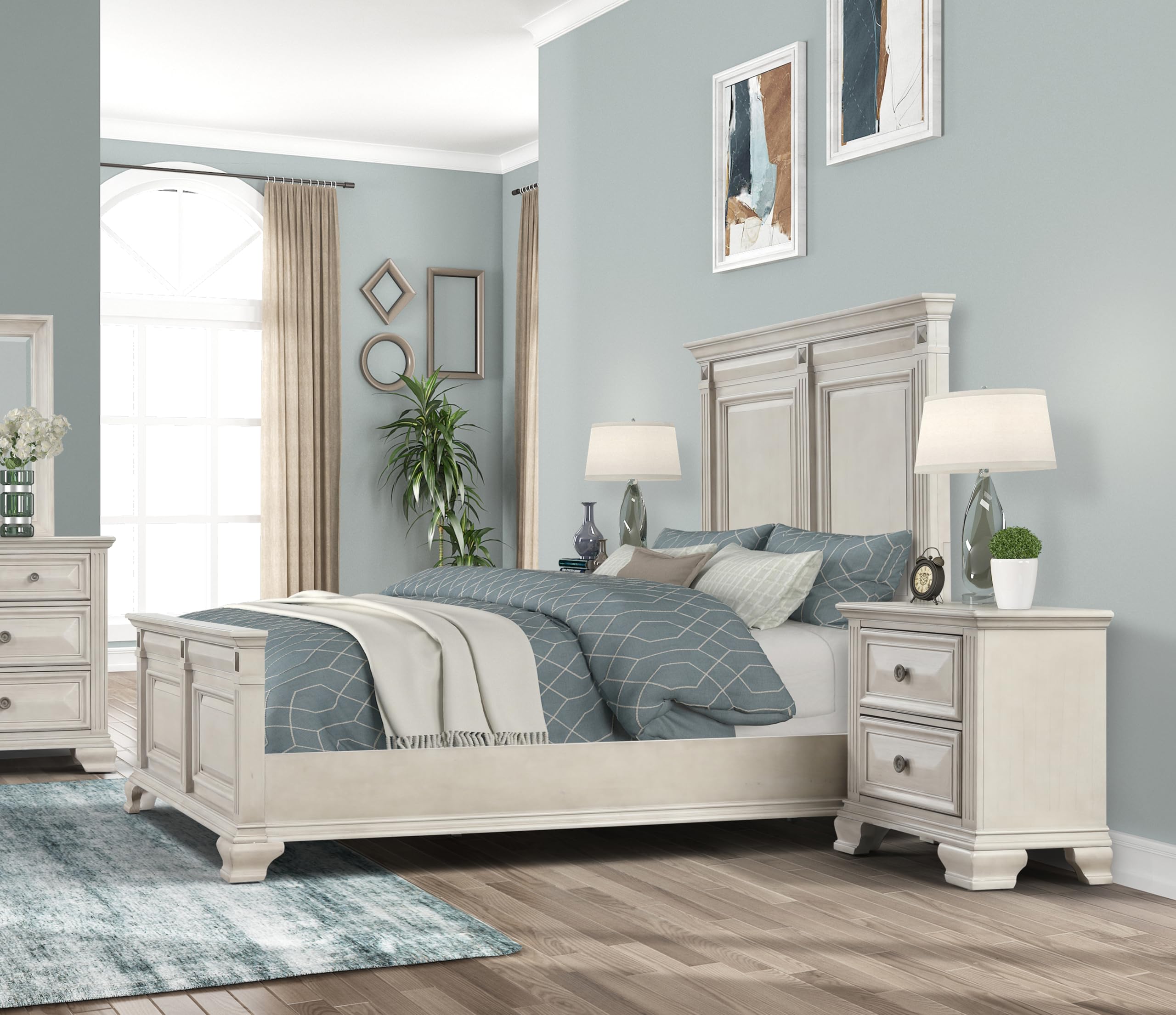 Roundhill Furniture Renova 3-Piece Queen Bedroom Set with Bed & 2 Nightstands in Distressed Silver Parchment - Perfect for Modern Farmhouse or Rustic Chic Bedroom Decor