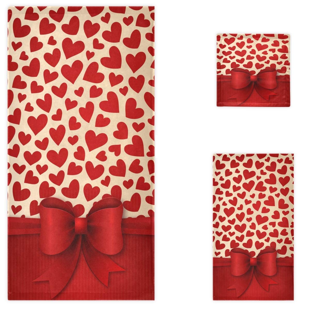Sweet Hearts with Bow Valentine's Day Luxury Bath Towel Set - 3-Piece Soft Decorative Towels (1 Bath Towel, 1 Hand Towel, 1 Washcloth) for Bathroom, Hotel, Gym, Spa & Beach - Perfect for Romantic Gifts, Home Decor & Self-Care Moments