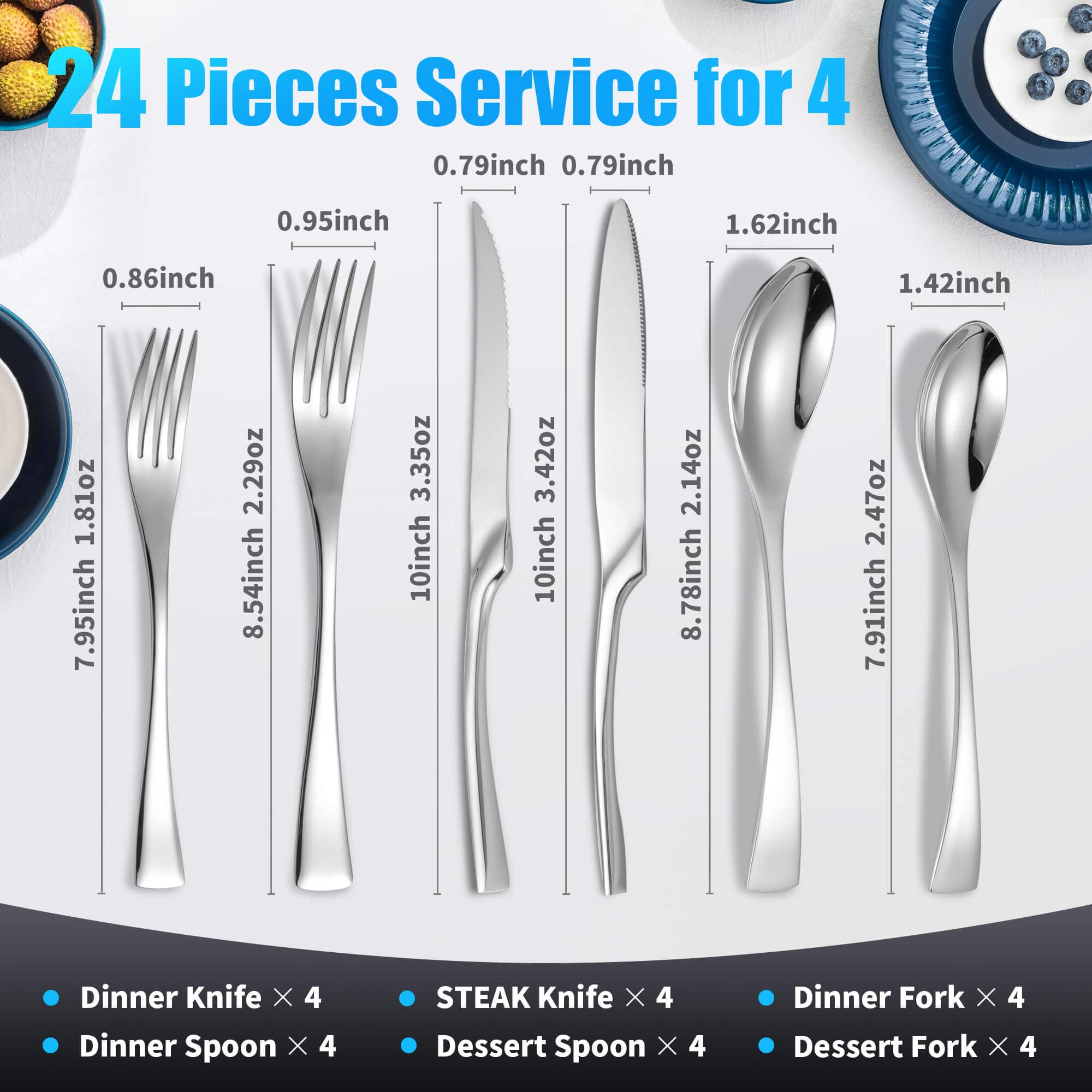 24-Piece Stainless Steel Silverware Set with Steak Knives - 18/10 Forged Cutlery Set for 4 - Heavy Duty Modern Flatware Utensils (Forks, Spoons, Knives) - Mirror Polished & Dishwasher Safe - Perfect for Dinner Parties, Restaurants, and Everyday Dining