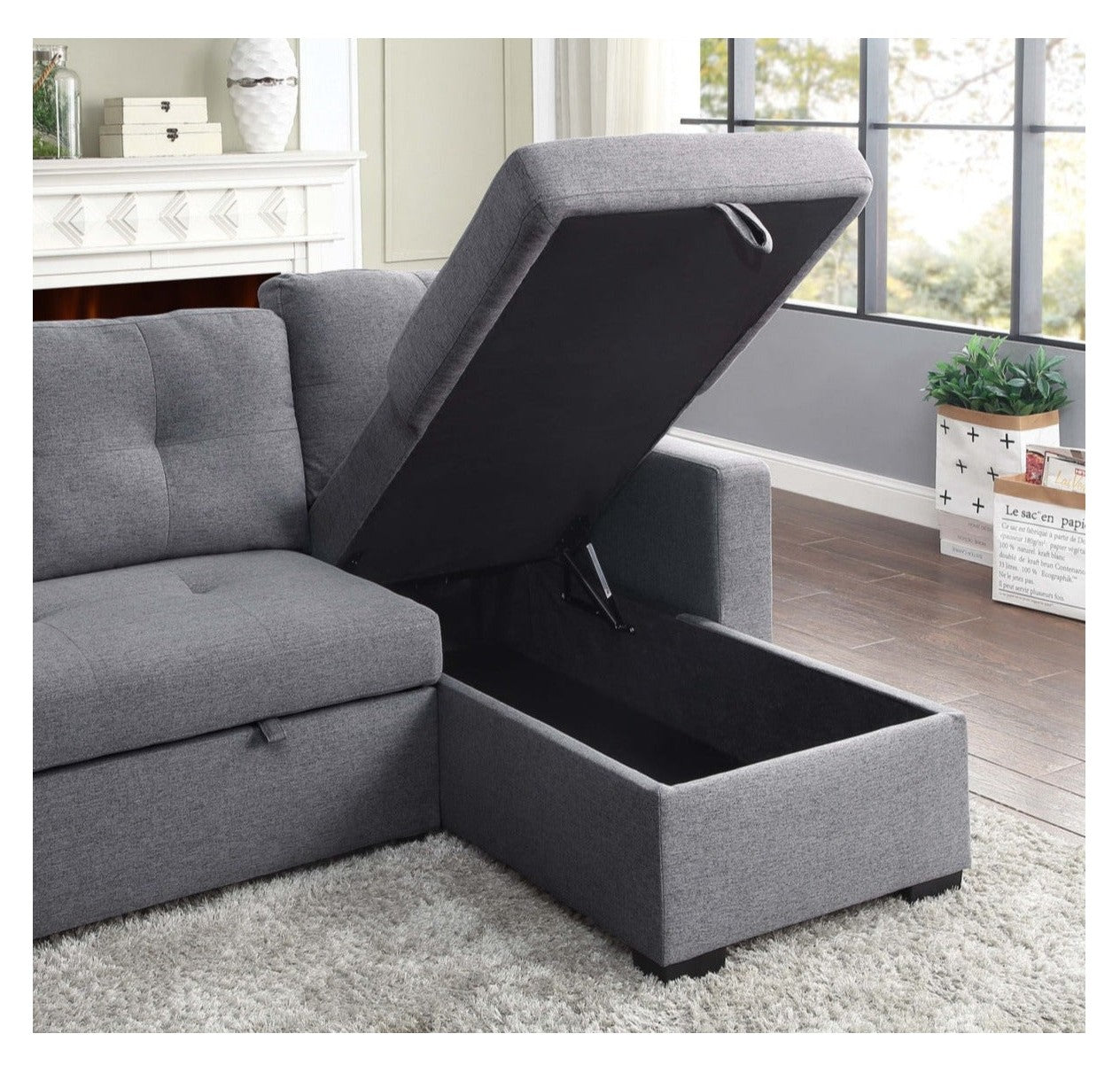 Modern Grey Fabric Sectional Sofa with Pull-Out Sleeper & Storage Chaise - Perfect for Small Spaces, Guest Rooms & Cozy Living Rooms