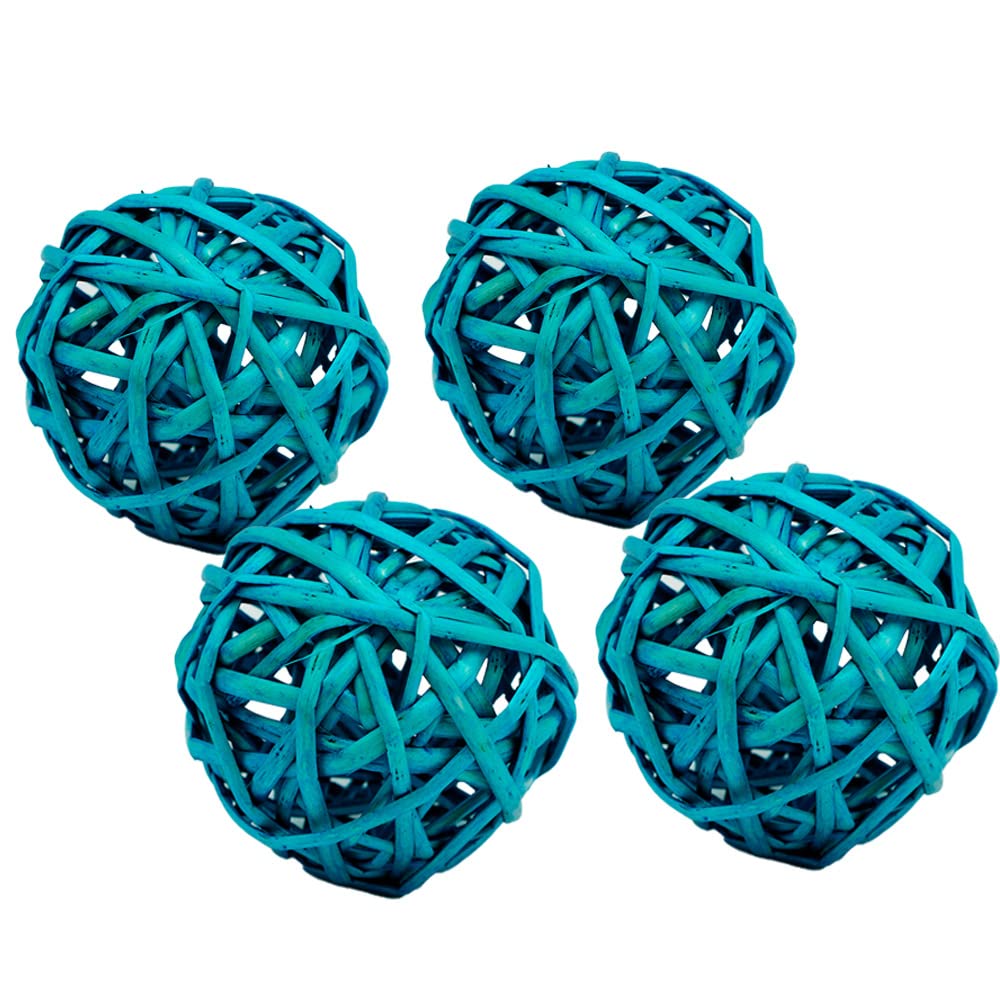 4 Inch Large Teal Rattan Wicker Balls - Decorative Bowl & Vase Fillers for Home, Wedding Centerpieces (Set of 4) | Natural Boho Decor, Table Scatter, Gift Ideas for Housewarming & Party Decorations