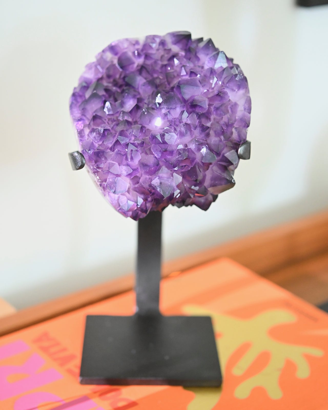 Natural Amethyst Crystal Geode on Wooden Stand - 6.6lbs Healing Stone for Home Decor, Meditation & Spiritual Gifts