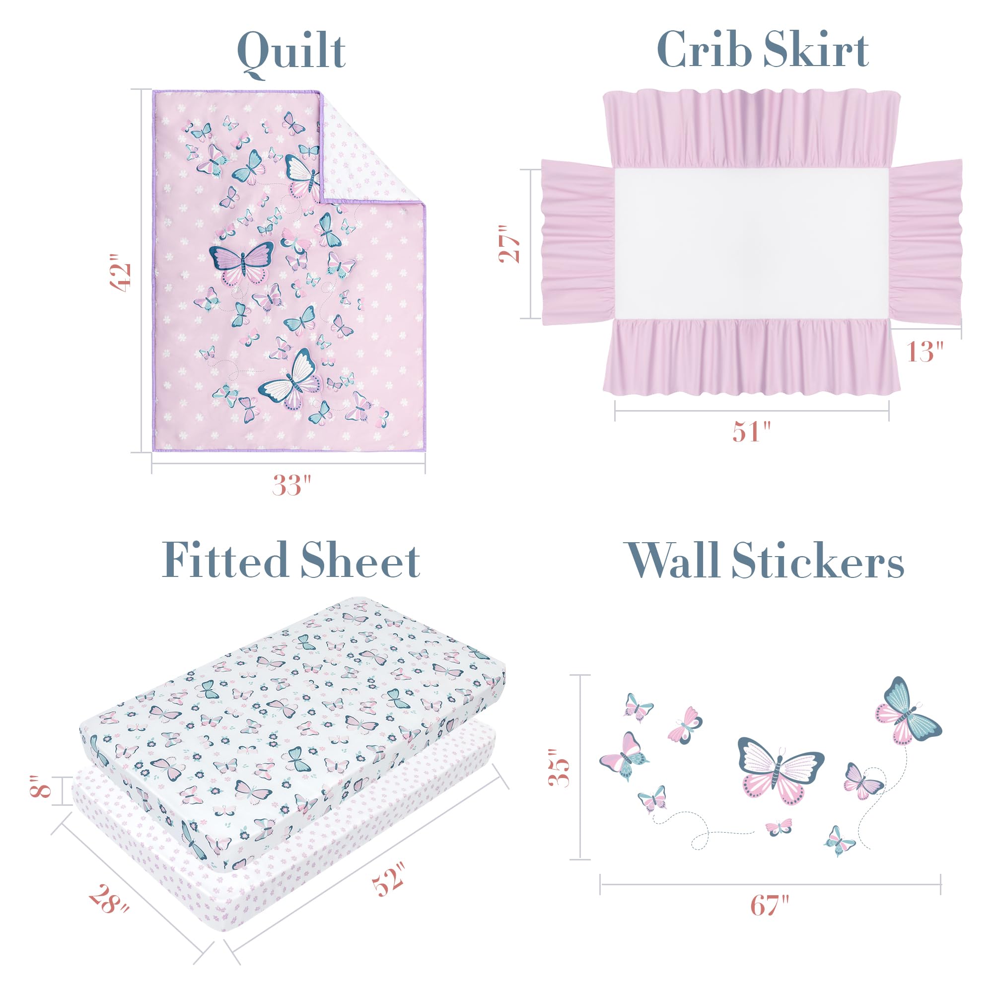 Butterfly Crib Bedding Set for Girls - 5 Piece Nursery Set with Soft Baby Blanket, 2 Fitted Crib Sheets, Ruffled Crib Skirt & Removable Wall Decals - Pink & White Floral Butterfly Theme - Perfect for Baby Shower Gifts & Nursery Room Decor