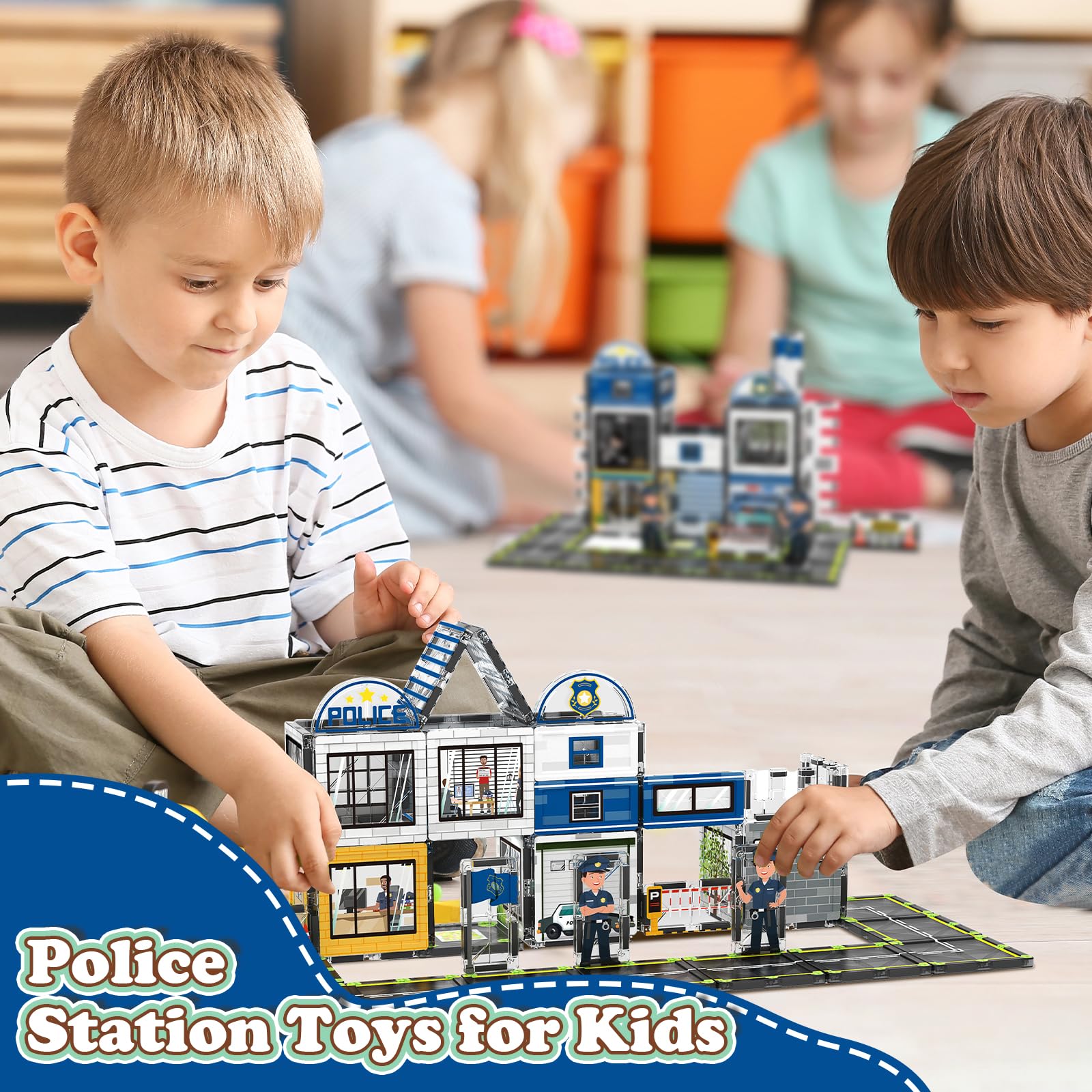50PCS Magnetic Tiles - Police Station Theme STEM Building Blocks Set | Educational Magnet Toys for Kids Ages 3-10 | Perfect for Preschool Learning, Creative Play & Family Bonding Activities