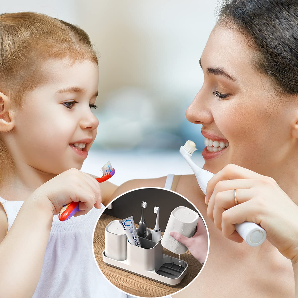 **Electric Toothbrush Holder Stand with 2 Cups - Bathroom Organizer for Toothbrush, Toothpaste, Razor & Dental Floss - White | Perfect for Countertop Storage & Small Space Organization**