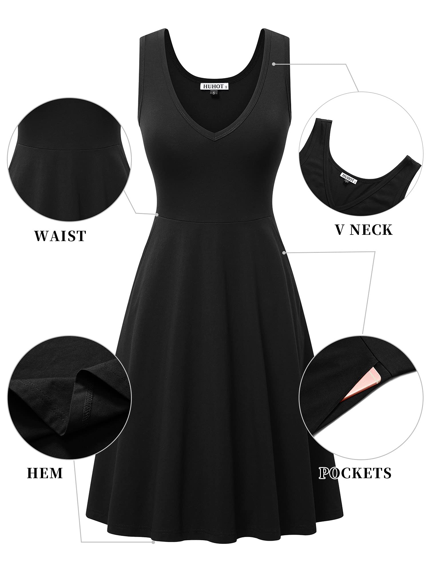 HUHOT Women's Sleeveless V-Neck Midi Dress with Pockets - Flared Tank Dress for Summer, Beach, Vacation & Casual Wear