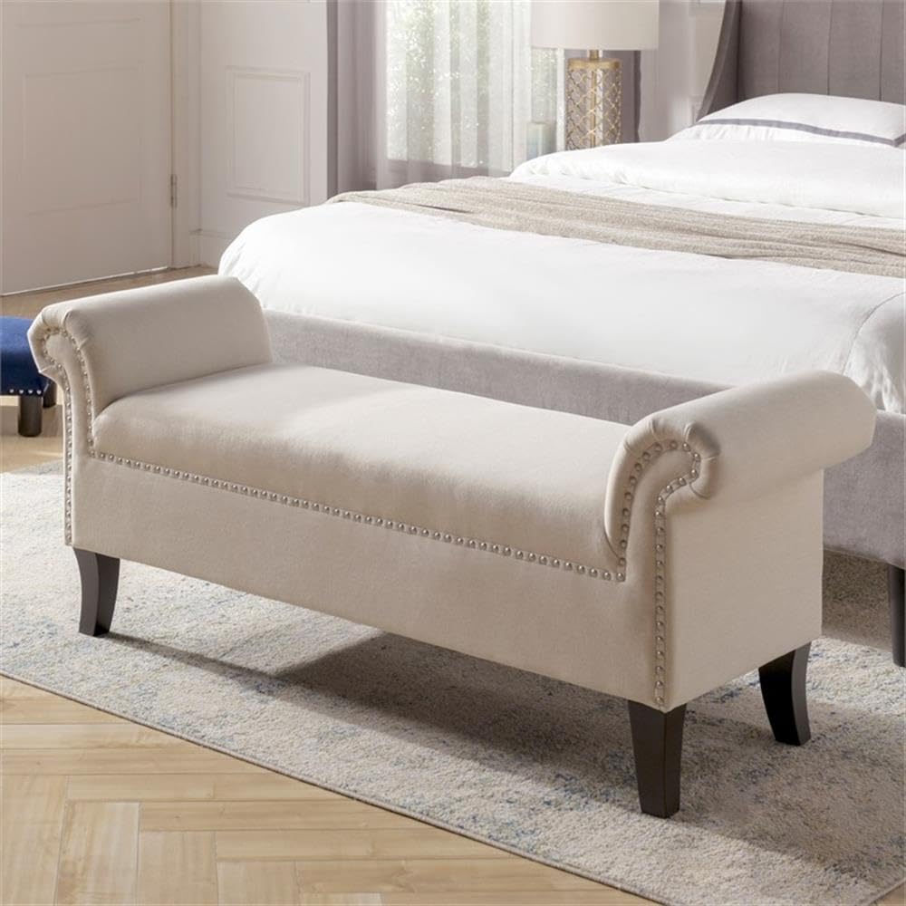 MAKLAINE Modern Roll Arm Entryway Accent Bench in Sky Neutral - Stylish Upholstered Storage Bench for Hallway, Living Room & Bedroom - Perfect for Small Space Decor & Extra Seating