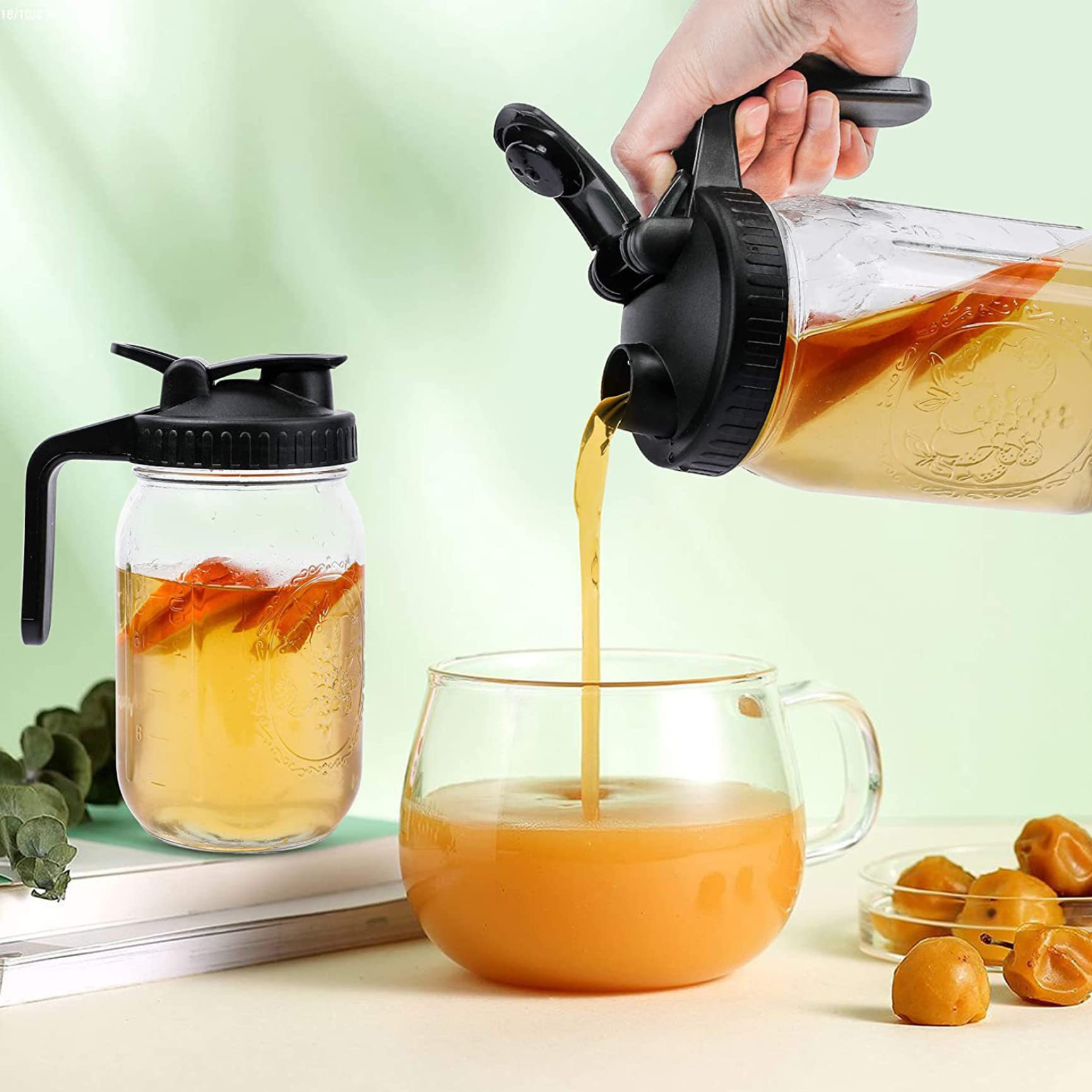 4PCS Wide Mouth Mason Jar Pour Spout Lids with Handle - Reusable Plastic Flip Cap Lid, Leak-Proof Airtight Seal - Black (Jar Not Included) - Perfect for Coffee, Tea, Juice Storage & DIY Crafts
