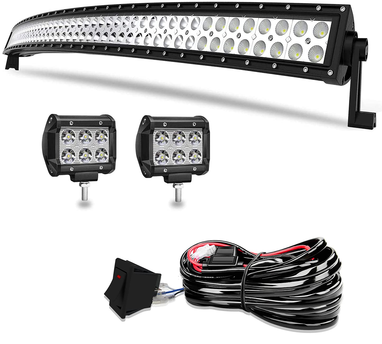 ELELION 50 Inch 288W LED Light Bar Curved - Spot Flood Combo Beam Off-Road Light with 2PCS 4 Inch 18W LED Fog Lights & Rocker Switch Wiring Harness - Perfect for Jeep, Trucks, ATV, Polaris, Boats - Ideal for Off-Roading, Night Driving, and Marine Adventures