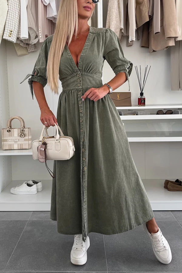 Stylish Solid Color V-Neck Button Down Denim Midi Dress for Women | Casual & Office Wear | Perfect for Spring & Summer Outings