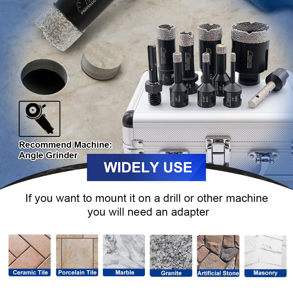 Premium Diamond Core Drill Bit Set - 10-Piece Vacuum Brazed Hole Saw Kit for Porcelain, Tile, Ceramic, Marble & Brick (6/8/10/13/19/25/32/51mm +10mm+SDS Plus) - Perfect for Professional Tiling, Masonry & DIY Home Renovation Projects