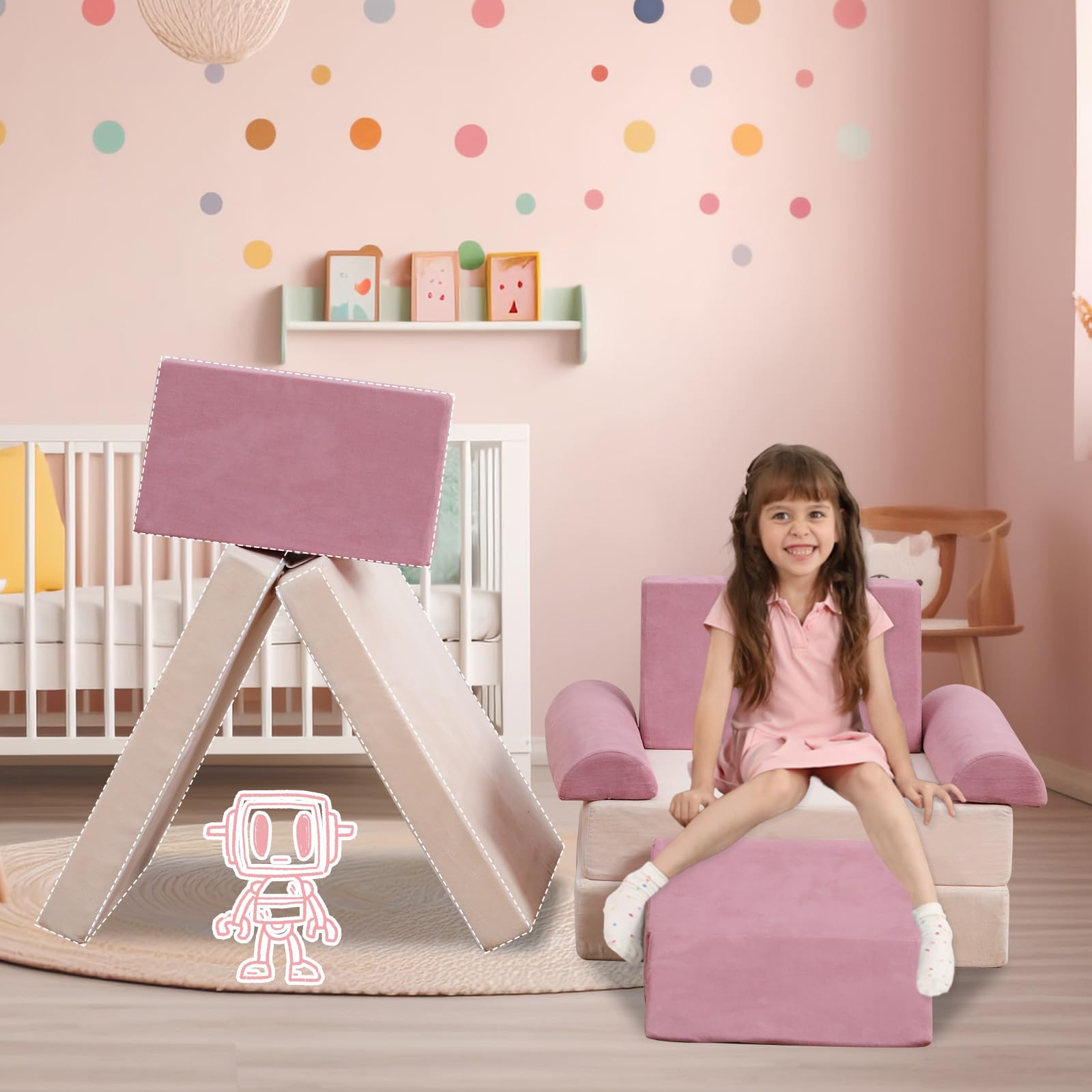 **9PCS Kids Play Couch Sofa Set - Soft Modular Sectional for Playroom, Creative Imaginative Furniture for Boys & Girls Bedroom (Pink) - Perfect for Reading, Lounging & Playtime**