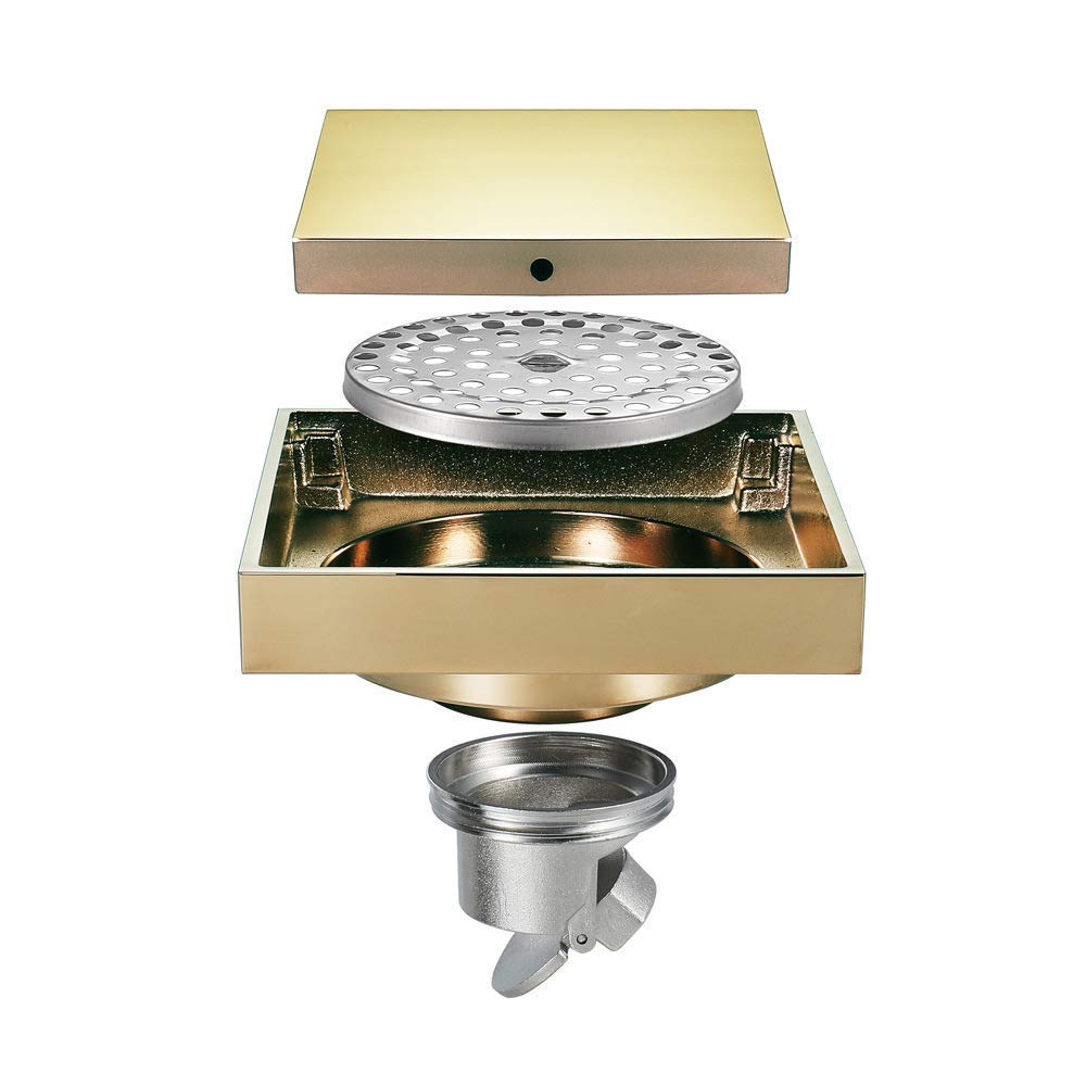 4 Inch Square Shower Drain - Gold Brass Floor Drain with Removable Cover Grate for Bathroom & Shower Waste Drainage | Perfect for Modern Bathrooms, Walk-in Showers, and Wet Rooms