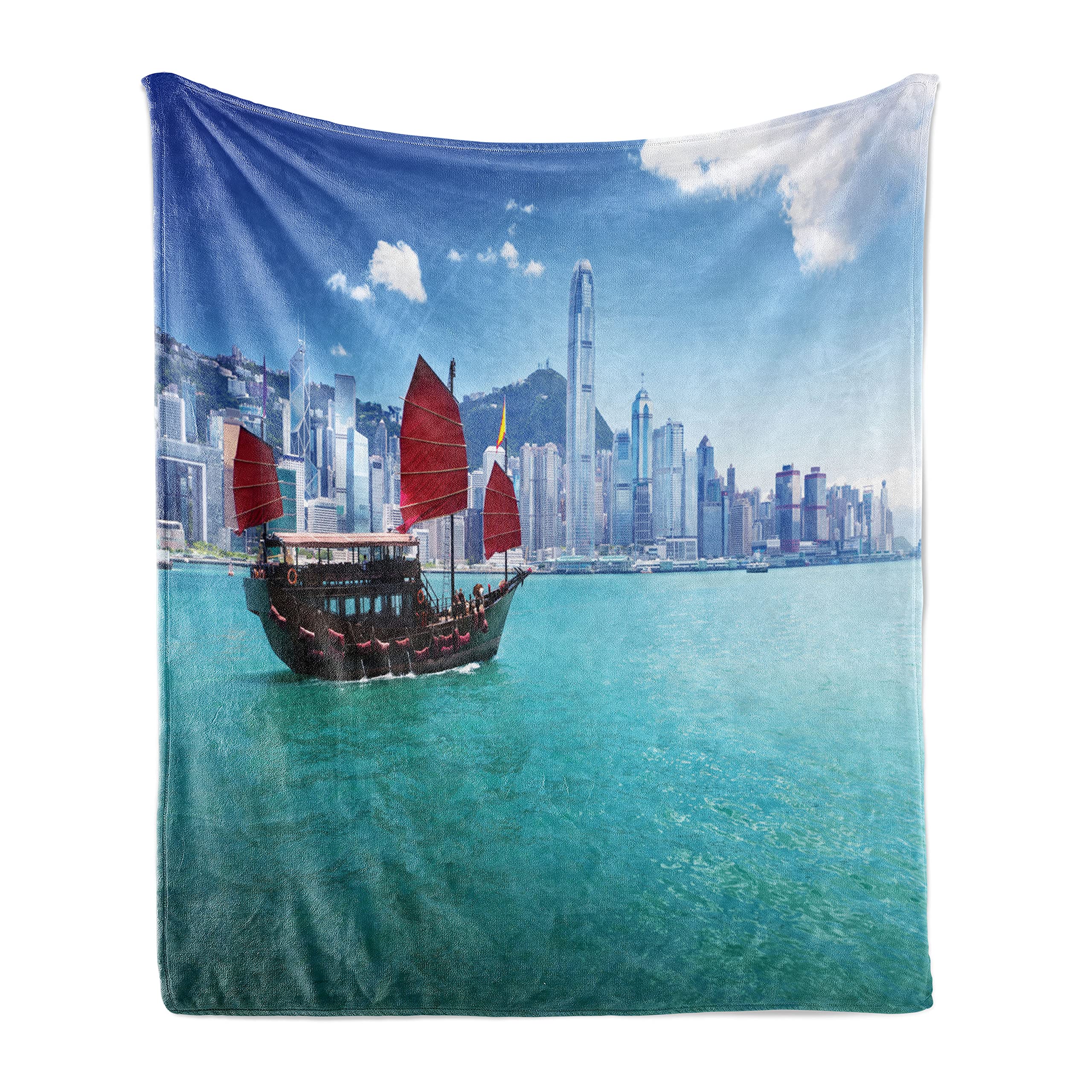 Ambesonne Ocean Throw Blanket - Hong Kong Harbour Traditional Junk Boat Design with Flags & Skyline | Soft Flannel Fleece Accent Blanket for Couch, Bed, Sofa (50x60 Inches, Blue Aqua Red) | Perfect for Home Decor, Living Room, Gift Giving & Cozy Evenings