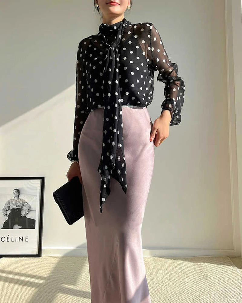 Elegant Sheer Polka Dot Silk Blouse for Women - Breathable & Comfortable Party Wear - Perfect for Office, Date Night & Special Occasions