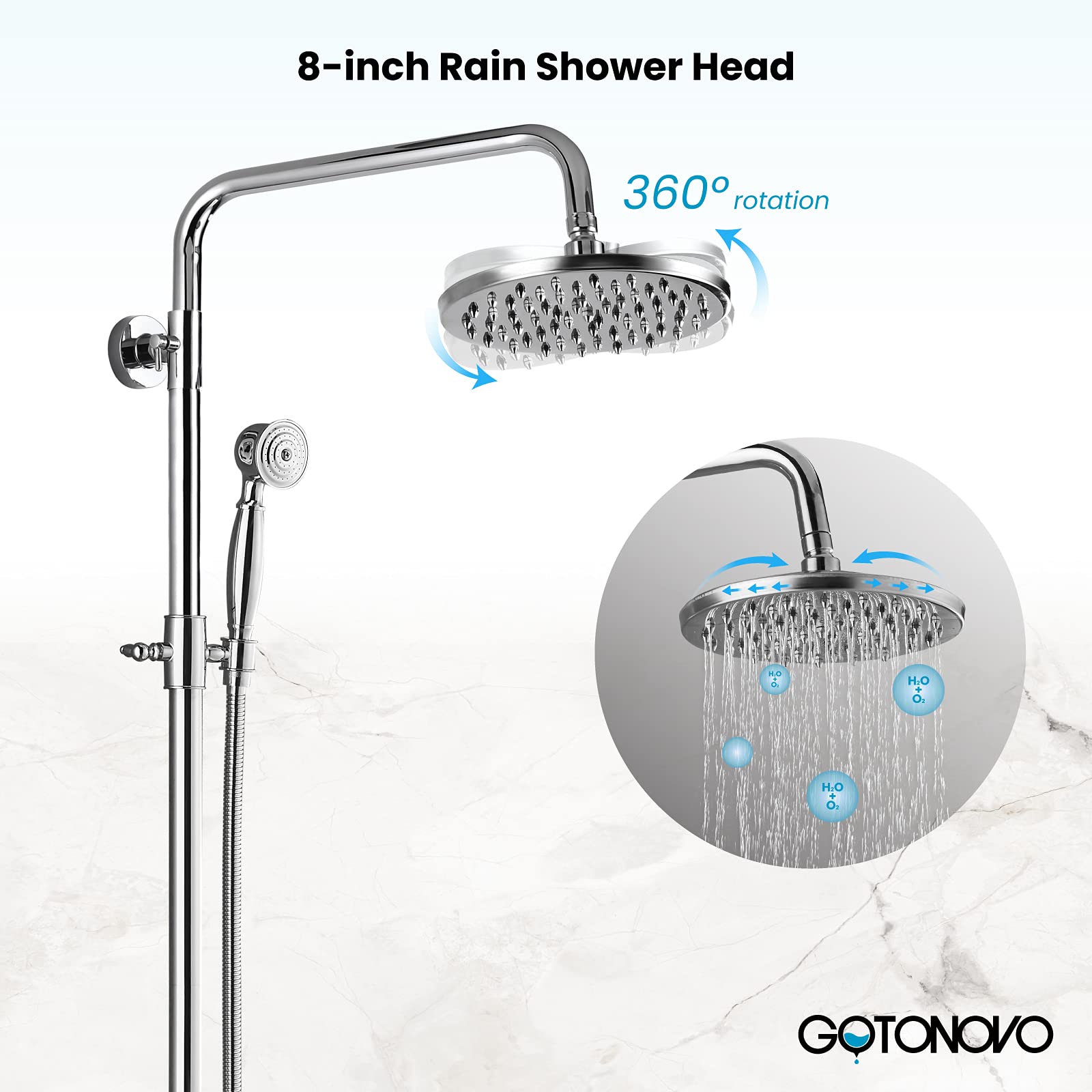 Gotonovo 8-inch Polish Chrome Shower Faucet Set with Handheld Spray - Double Lever Handle, Tub Spout & Triple Function - Wall Mount Bathroom Shower Fixture for Modern Homes & Luxury Hotels