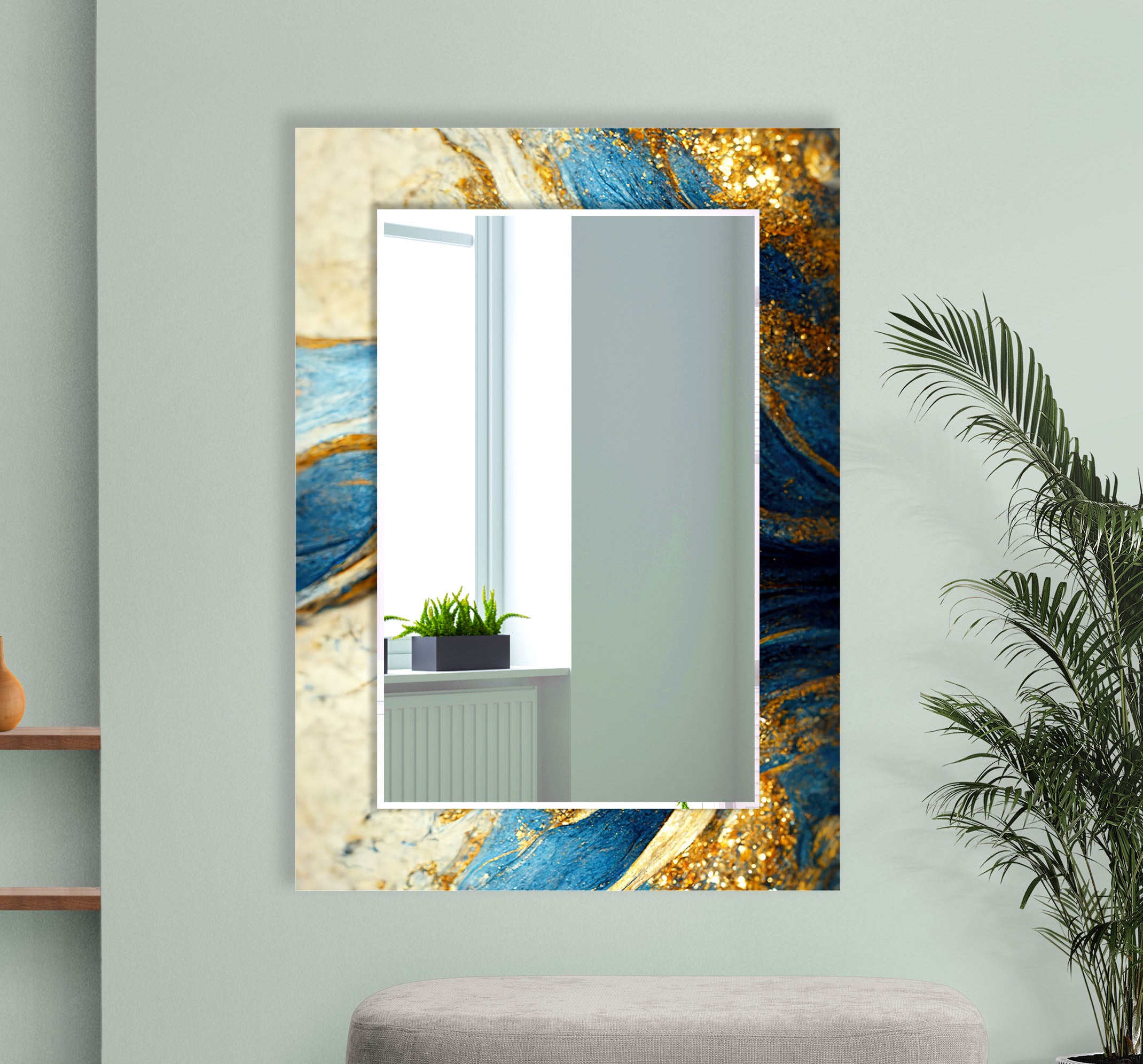 Blue & Gold Marble Glass Wall Mirror - Elegant Abstract Decor for Living Room, Bedroom & Entryway | Stylish Home Accent Piece for Modern Interiors