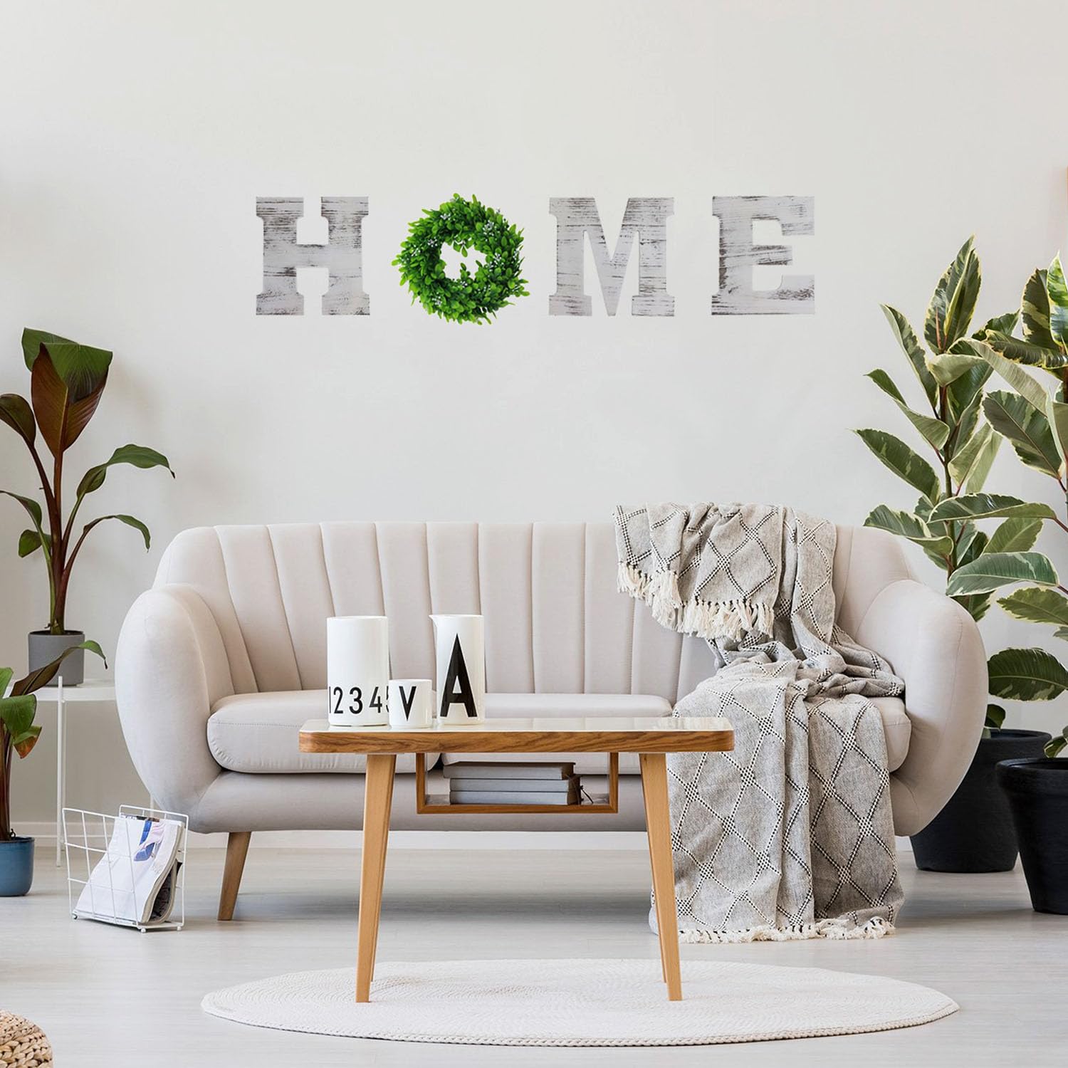 9.8 Inch Rustic Wooden Home Sign with Artificial Wreath - Wall Decor Letters H, M, E, O for Living Room, Front Door & Dining Room - White Farmhouse Style Home Decor Perfect for Housewarming Gifts & Cozy Interior Design