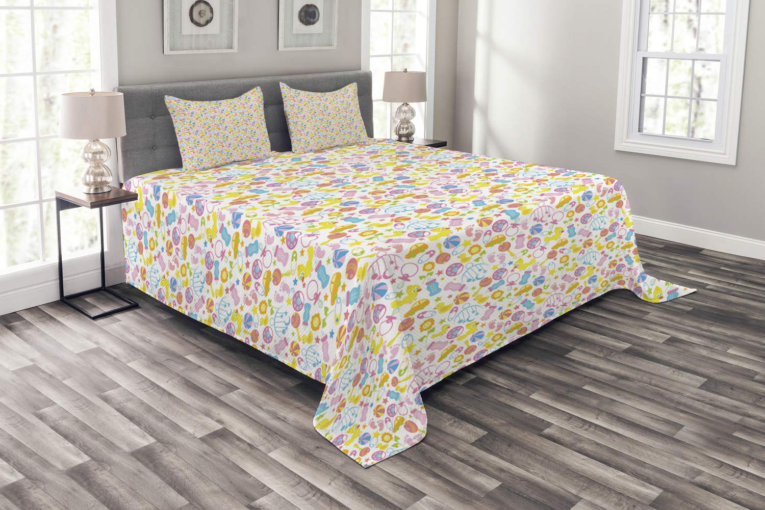 Ambesonne Cartoon Bedspread Set - Footprints, Milk Bottles & Flower Arrangement Design, 3-Piece Decorative Bedding Coverlet with 2 Pillow Shams, King Size, Multicolor - Perfect for Kids' Rooms, Nursery Decor & Whimsical Bedroom Themes